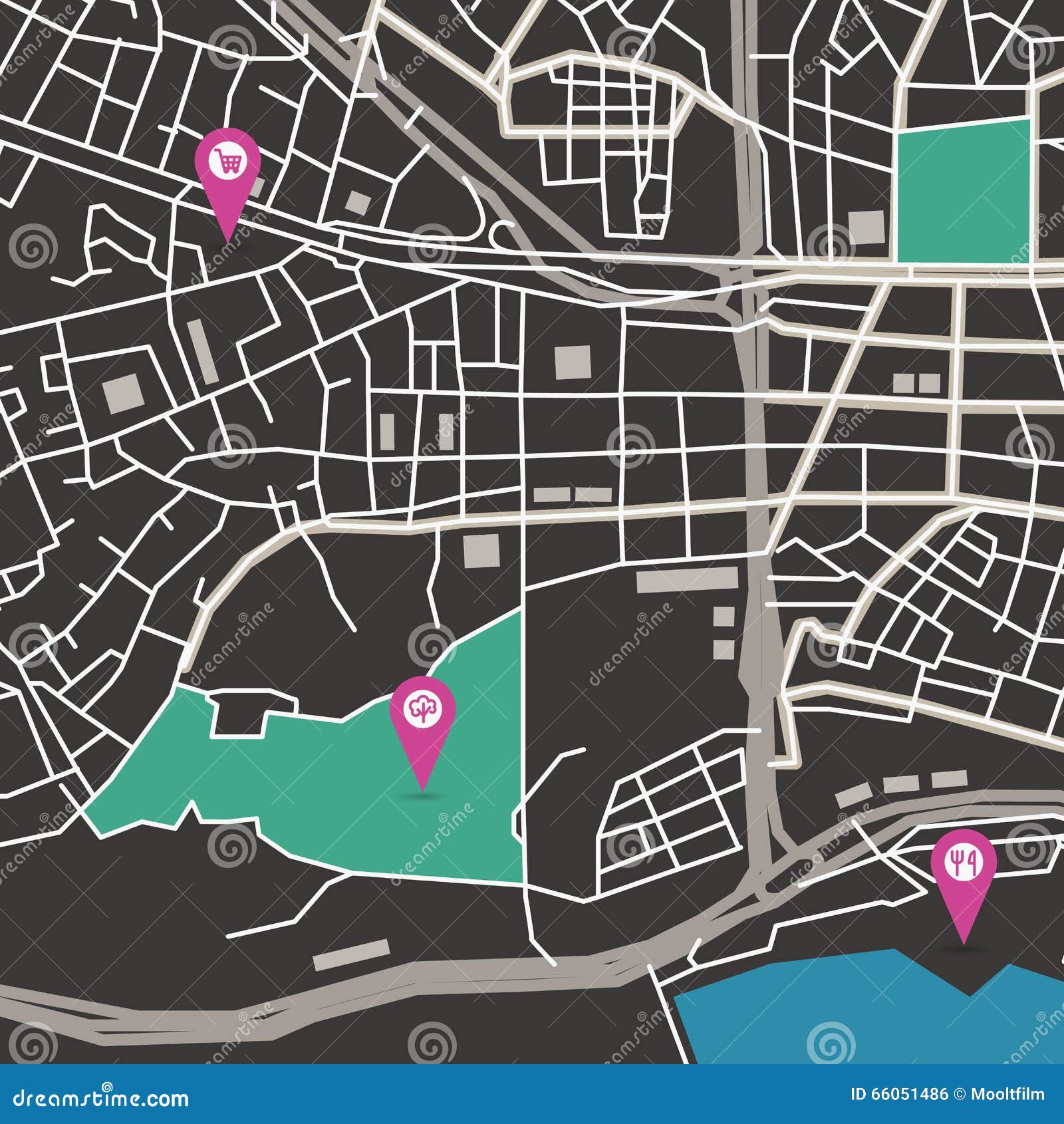 Vektorstadtplan. Vector flachen abstrakten Stadtplan mit Stiftzeigern und Infrastrukturikonen, dunkle Farben