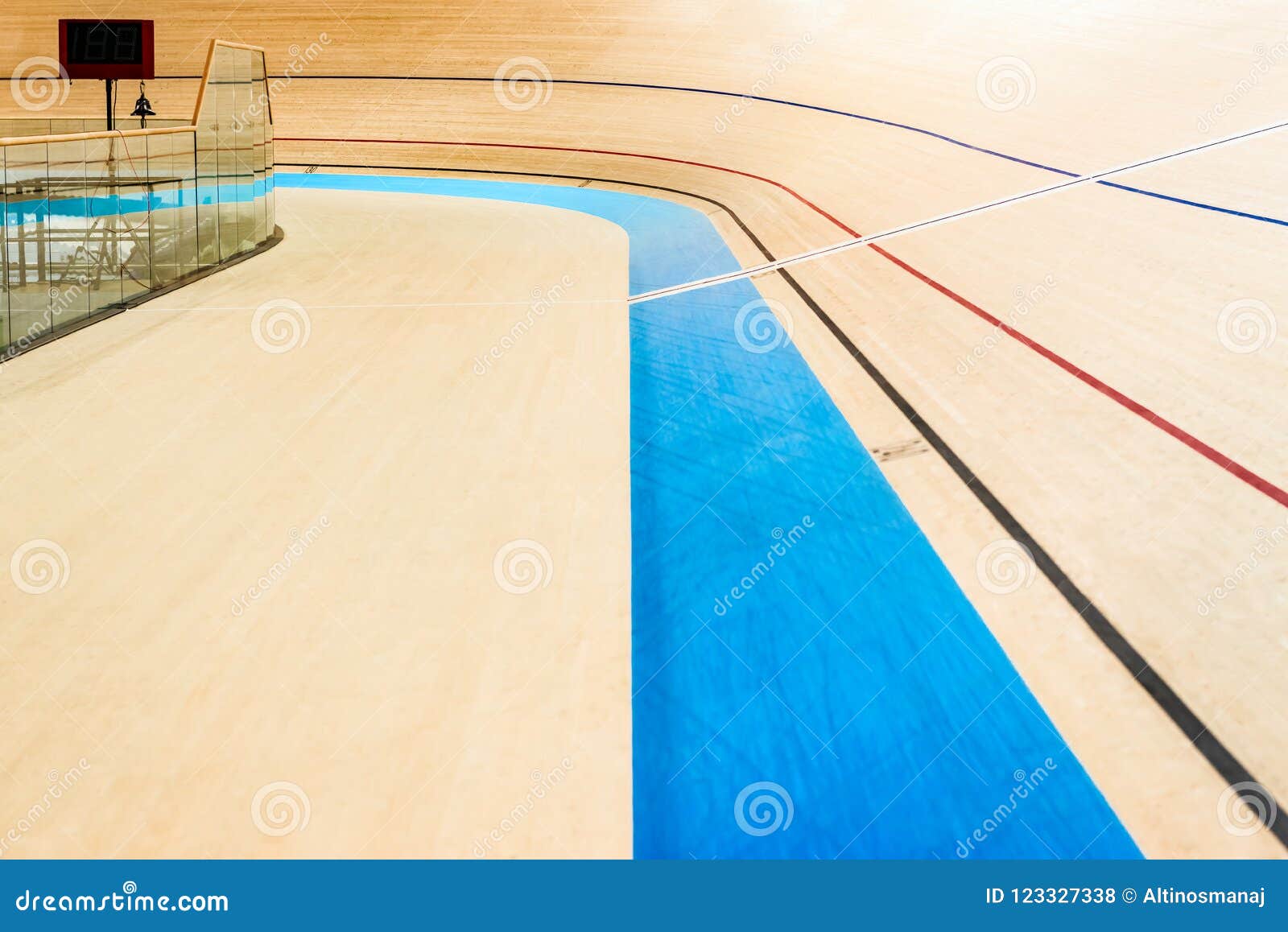 velodrome cycling track empty curved high wooden floor with markings