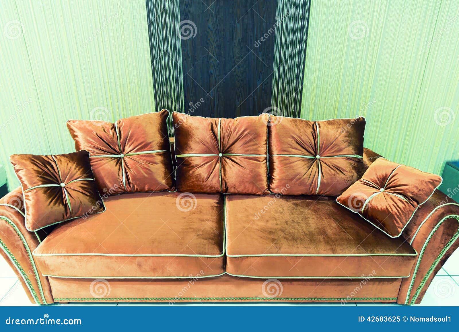 Velvet Pillows on the Brown Sofa Stock Image Image of decorative