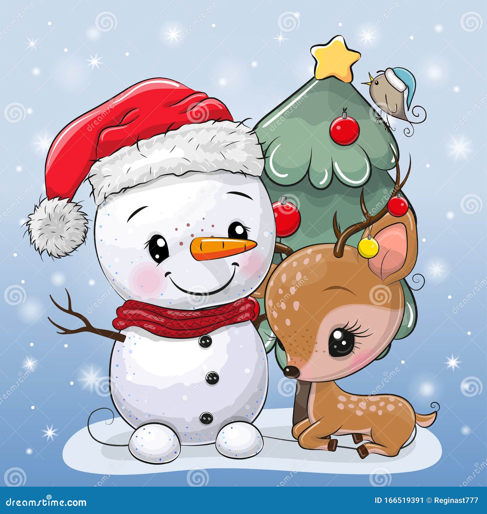 Venado De Dibujos Animados Y Muñeco De Nieve Cerca Del árbol De Navidad  Ilustración del Vector - Ilustración de imagen, tarjeta: 166519391