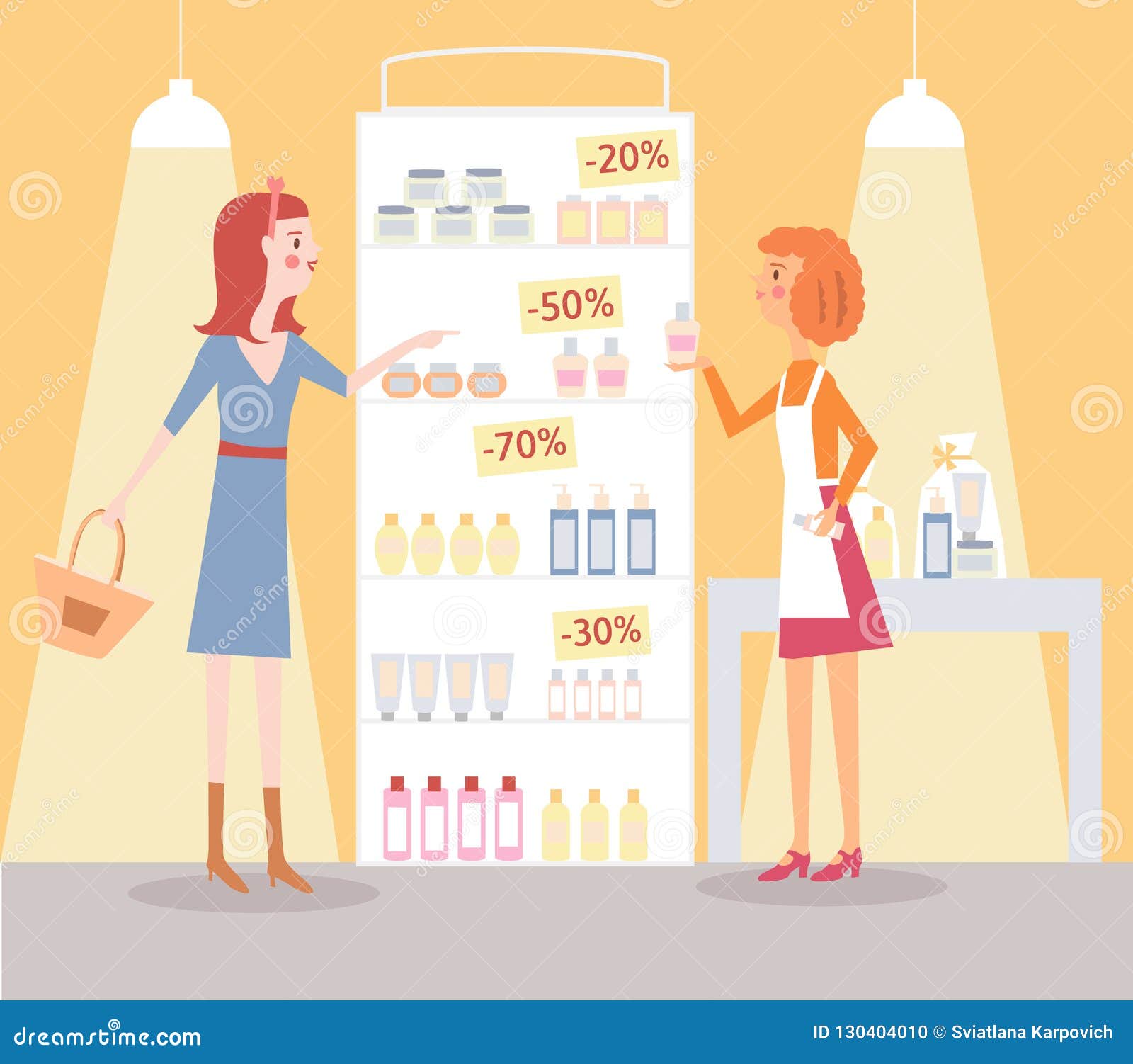 Vendedor Y Cliente En Tienda Cerca Del Escaparate Stock de ilustración