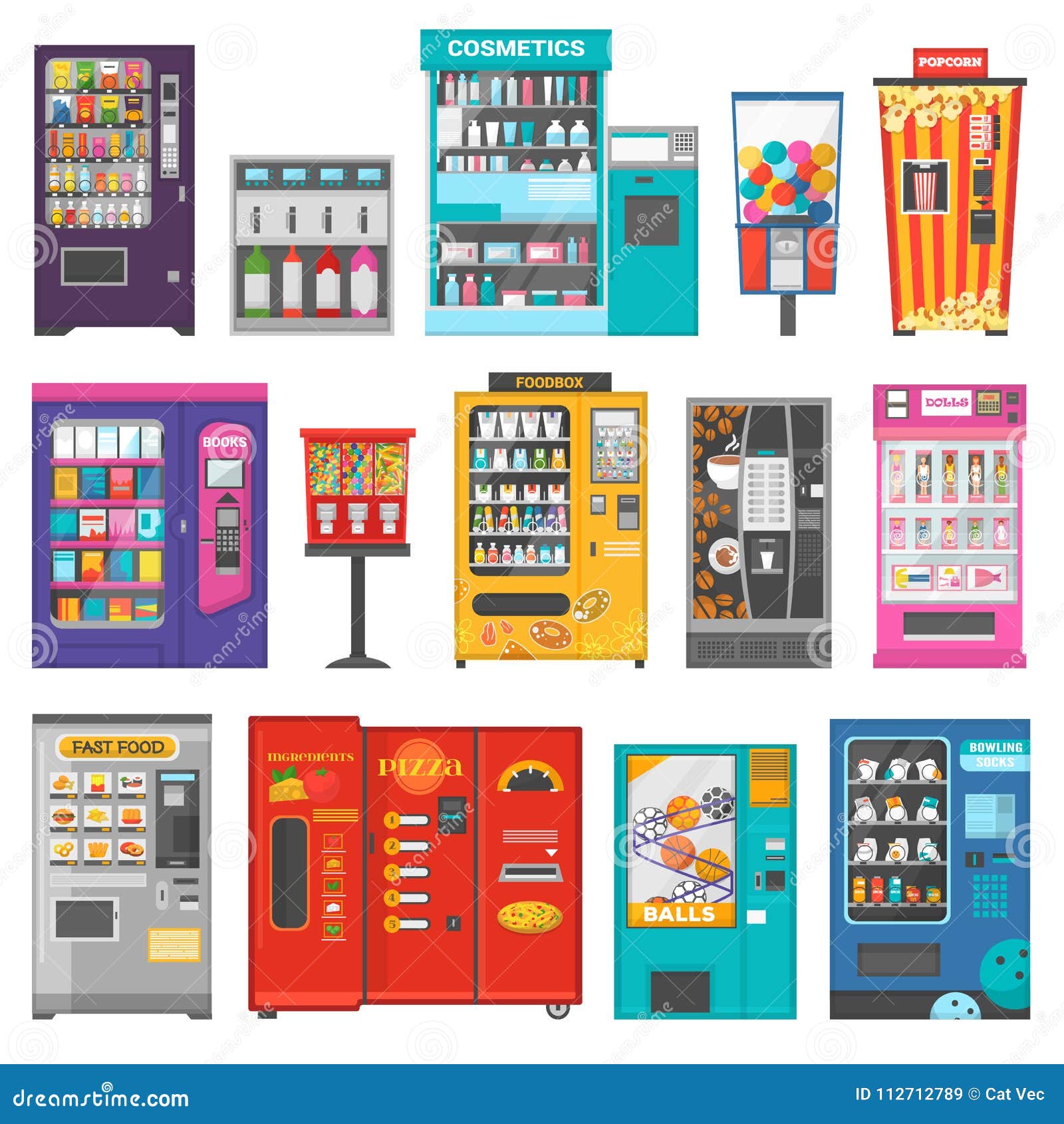 vending machine  vend food or beverages and vendor machinery technology to buy snack or drinks  set