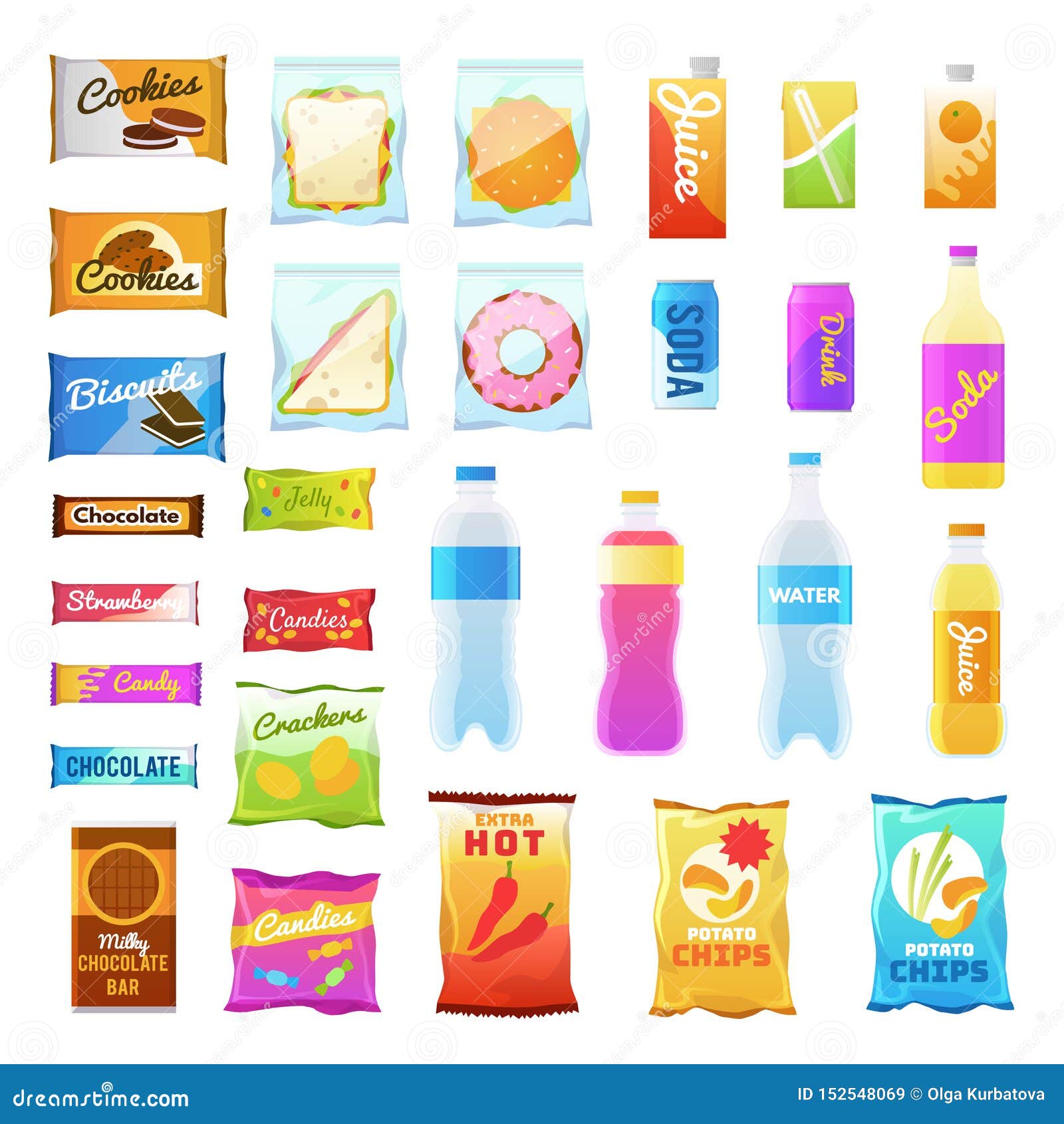 vending products. beverages and snack plastic package, fast food snack packs, biscuit sandwich. drinks water juice flat