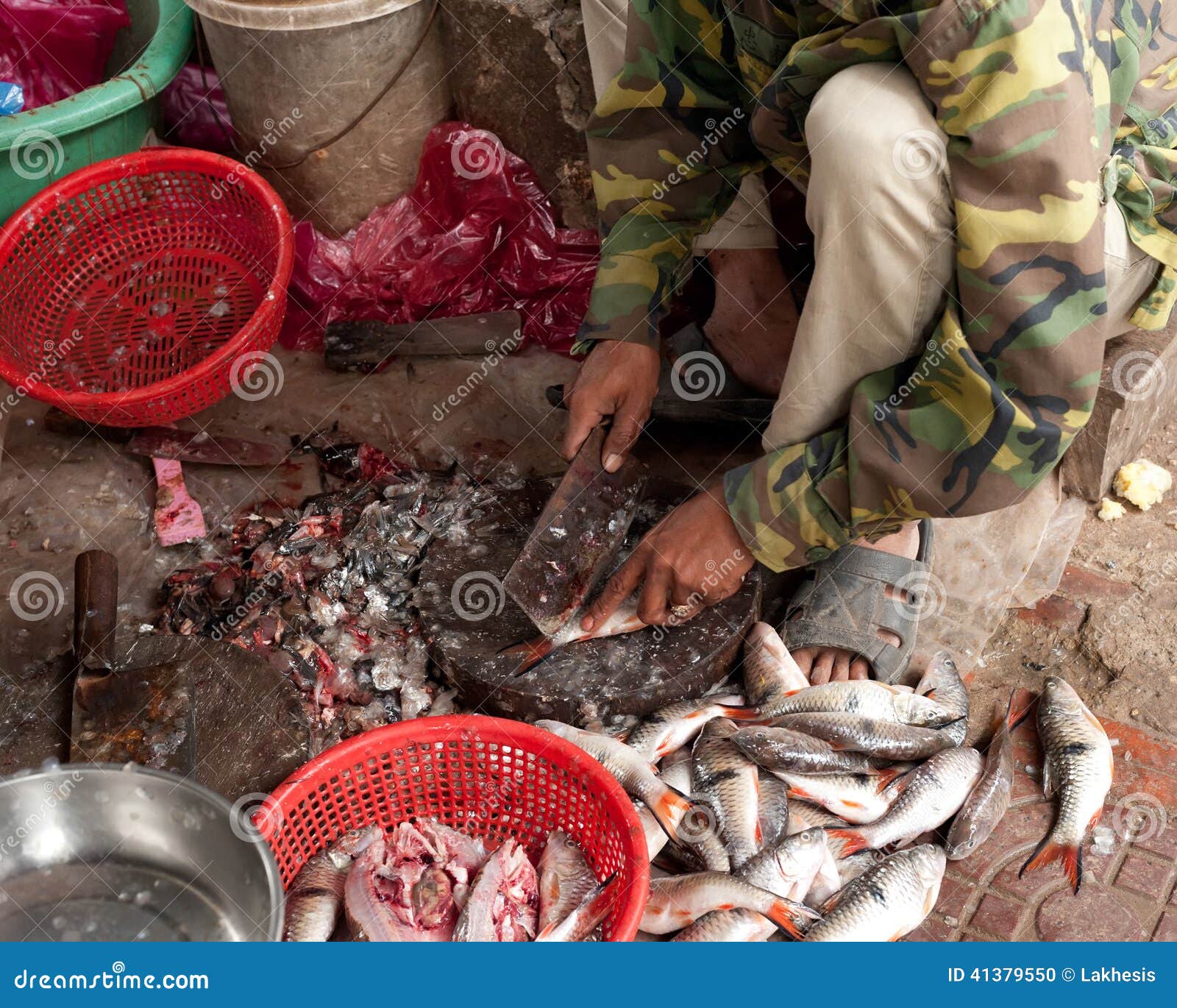 Vendita del pesce al mercato tradizionale del eafood degli asiatici. Vendita del pesce al mercato asiatico tradizionale dei frutti di mare in Siem Reap, la Cambogia