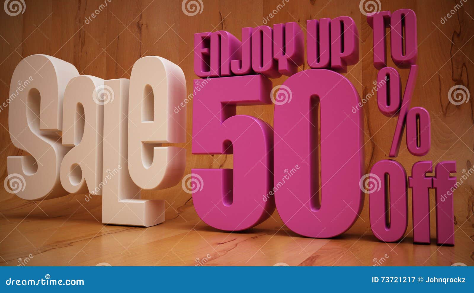 Vendita 50% fuori con fondo di legno. Vendita 50% fuori dall'immagine della rappresentazione 3D con fondo di legno