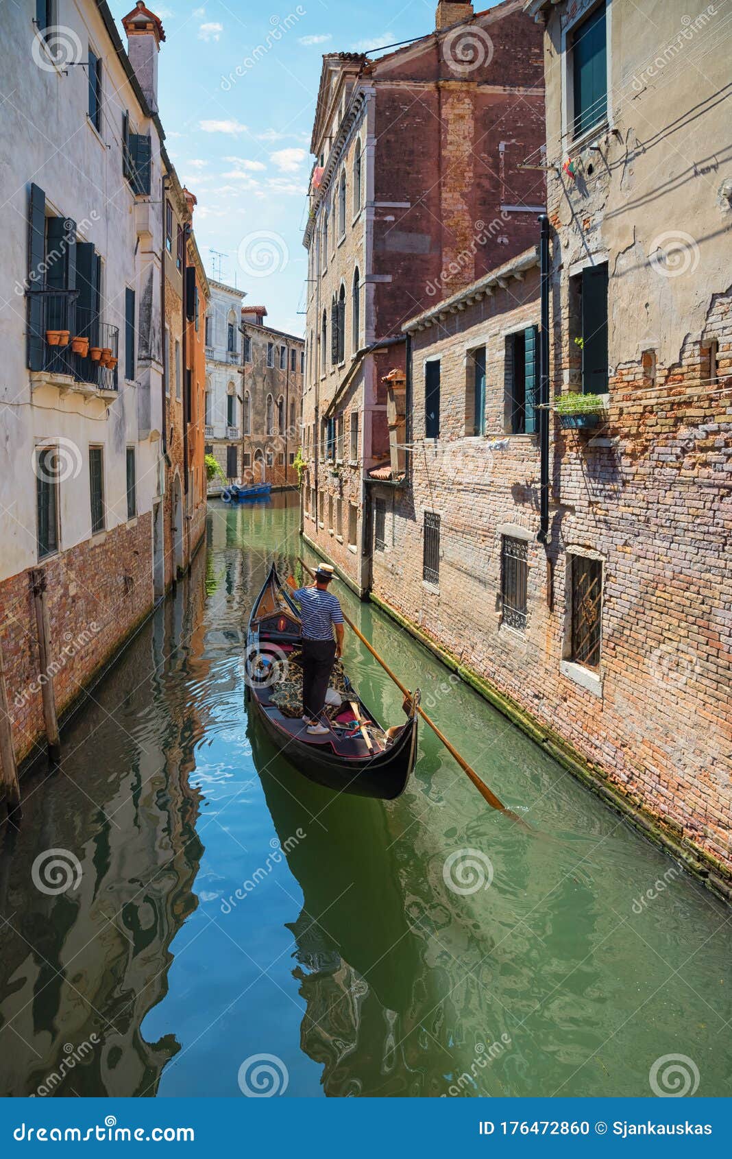 Venetian Gondola Sailing Along Narrow Canals, Popular Tourist ...