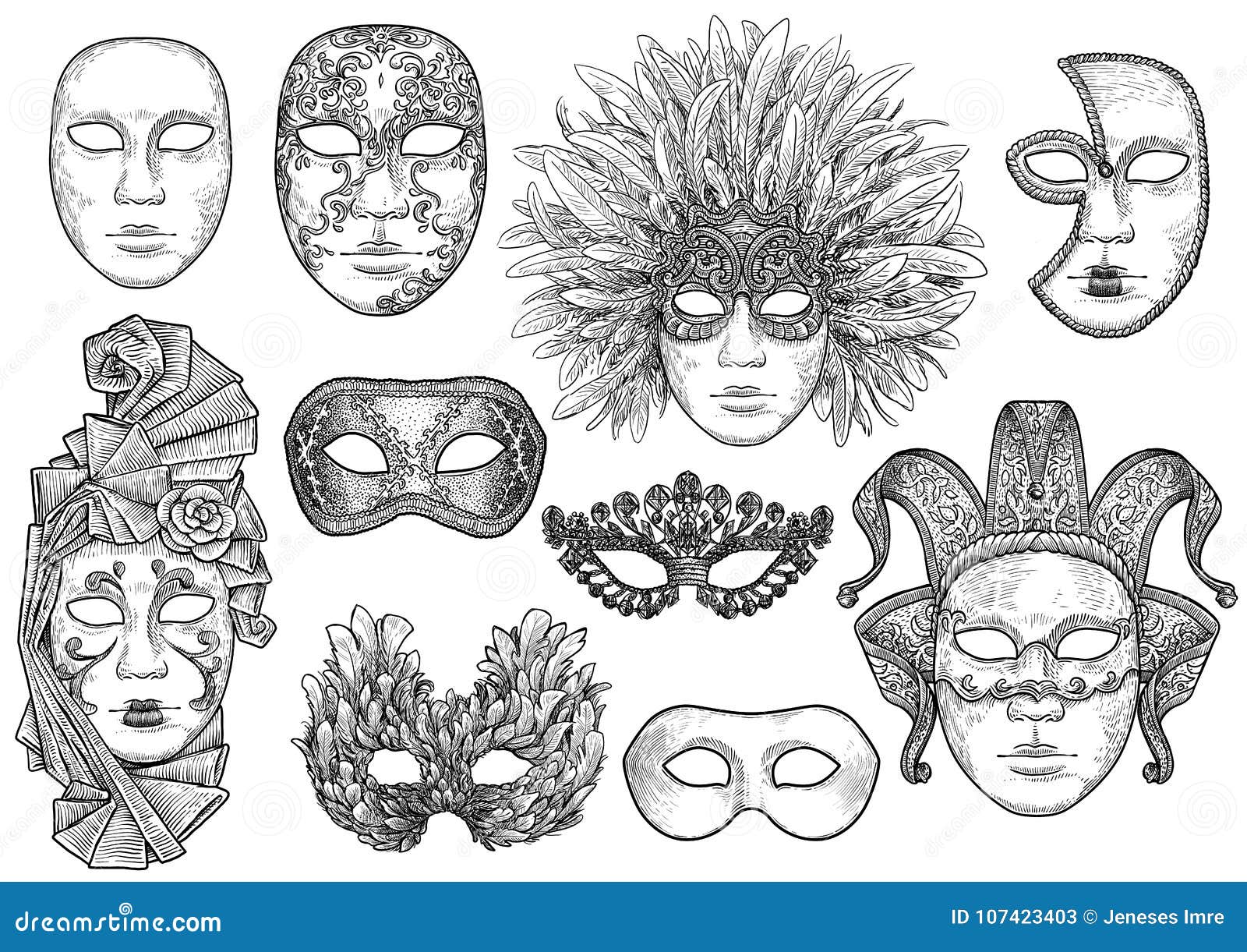 Venetian Mask Illustration, Drawing, Engraving, Ink, Line Art, Vector ...