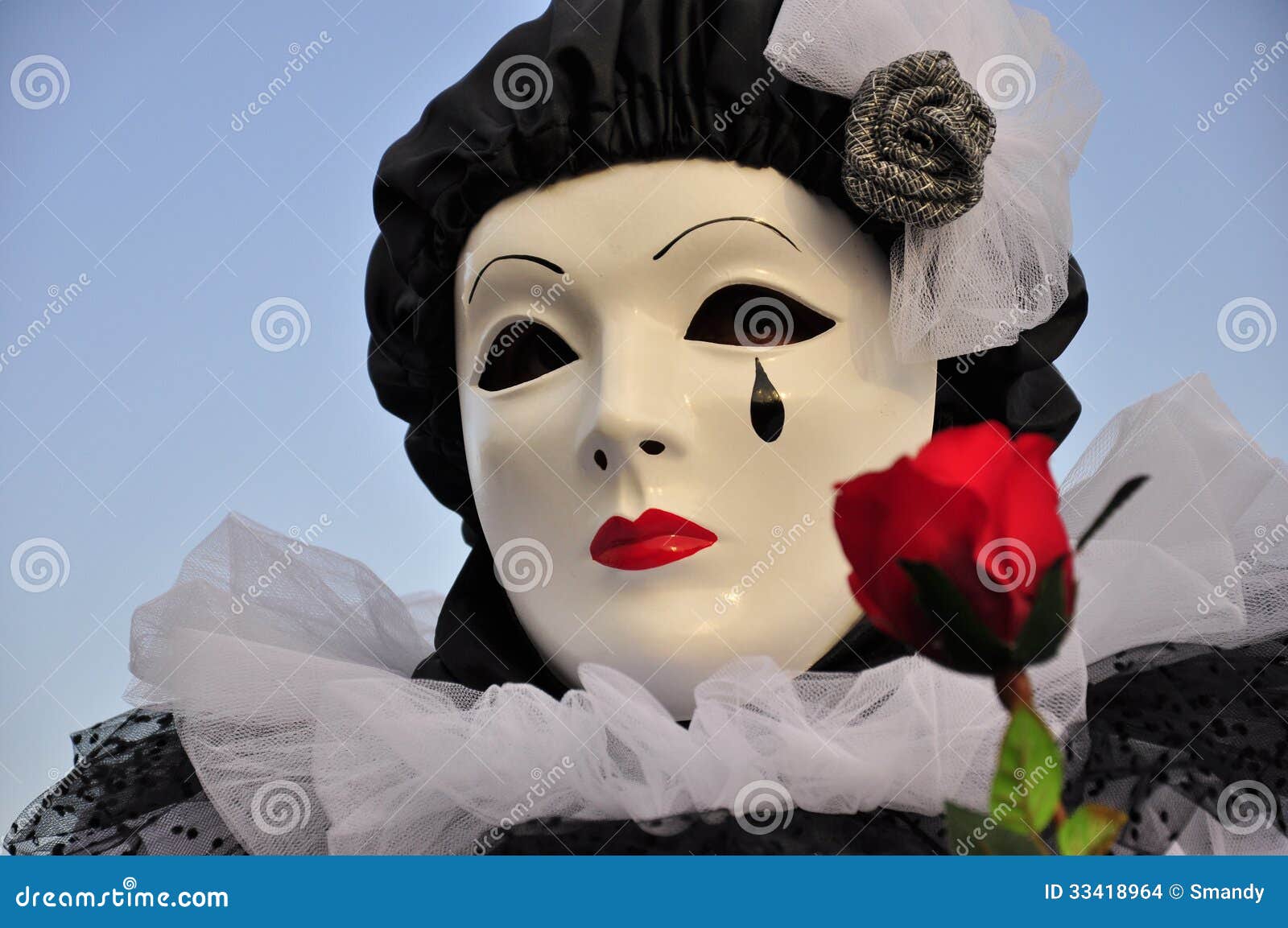 venetian pierrot female mask with red rose