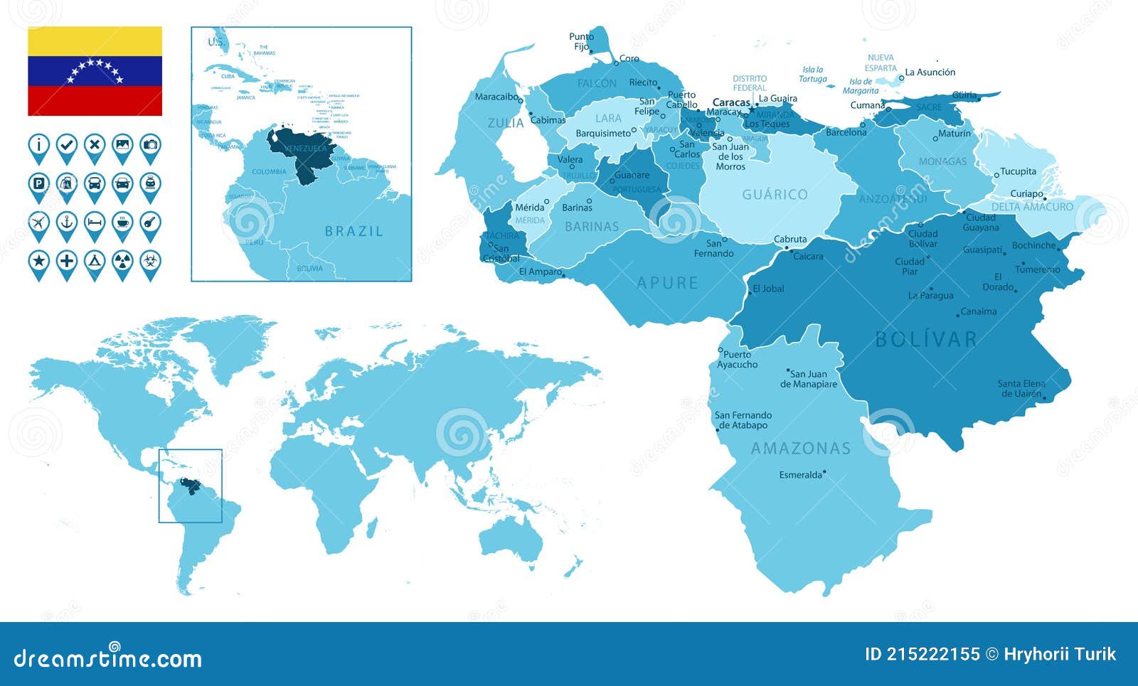 Venezuela Detailed Administrative Blue Map With Country Flag And