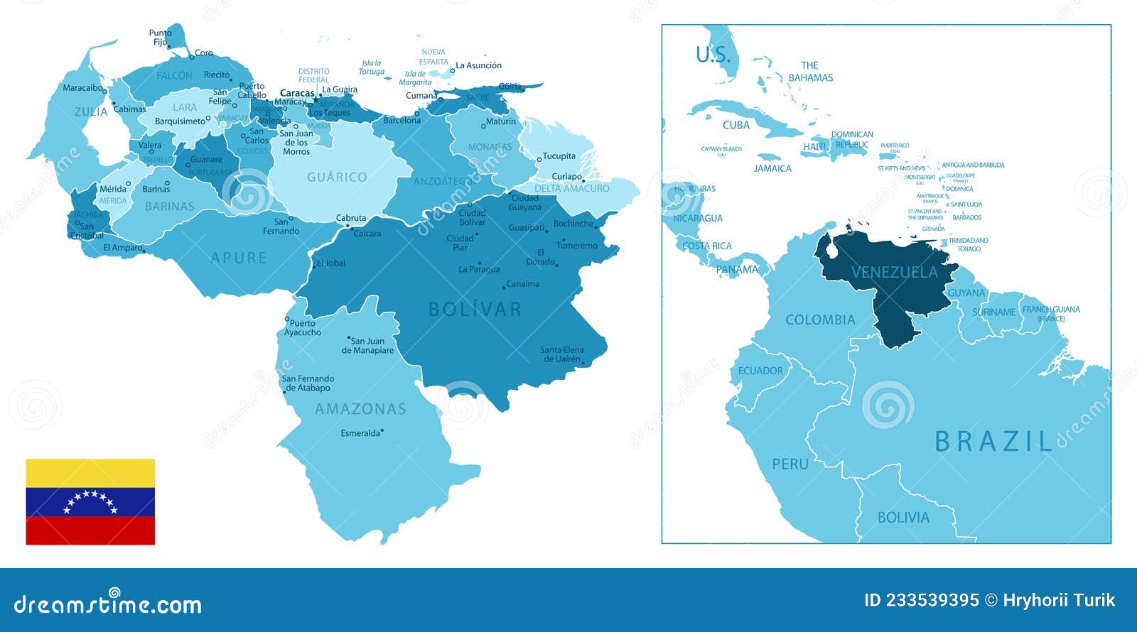 Venezuela Highly Detailed Blue Map Stock Vector Illustration Of