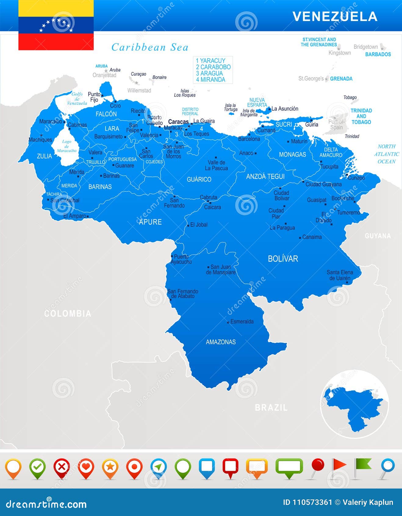 Venezuela Map Flag And Navigation Icons Detailed Vector