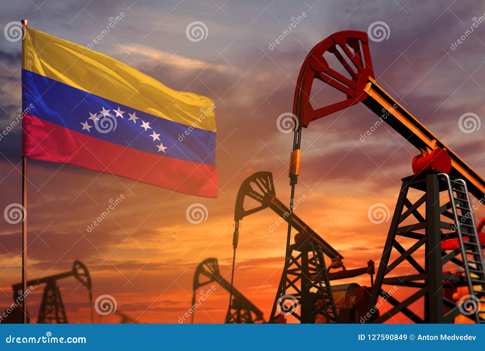 venezuela oil industry concept. industrial  - venezuela flag and oil wells with the red and blue sunset or sunrise sky