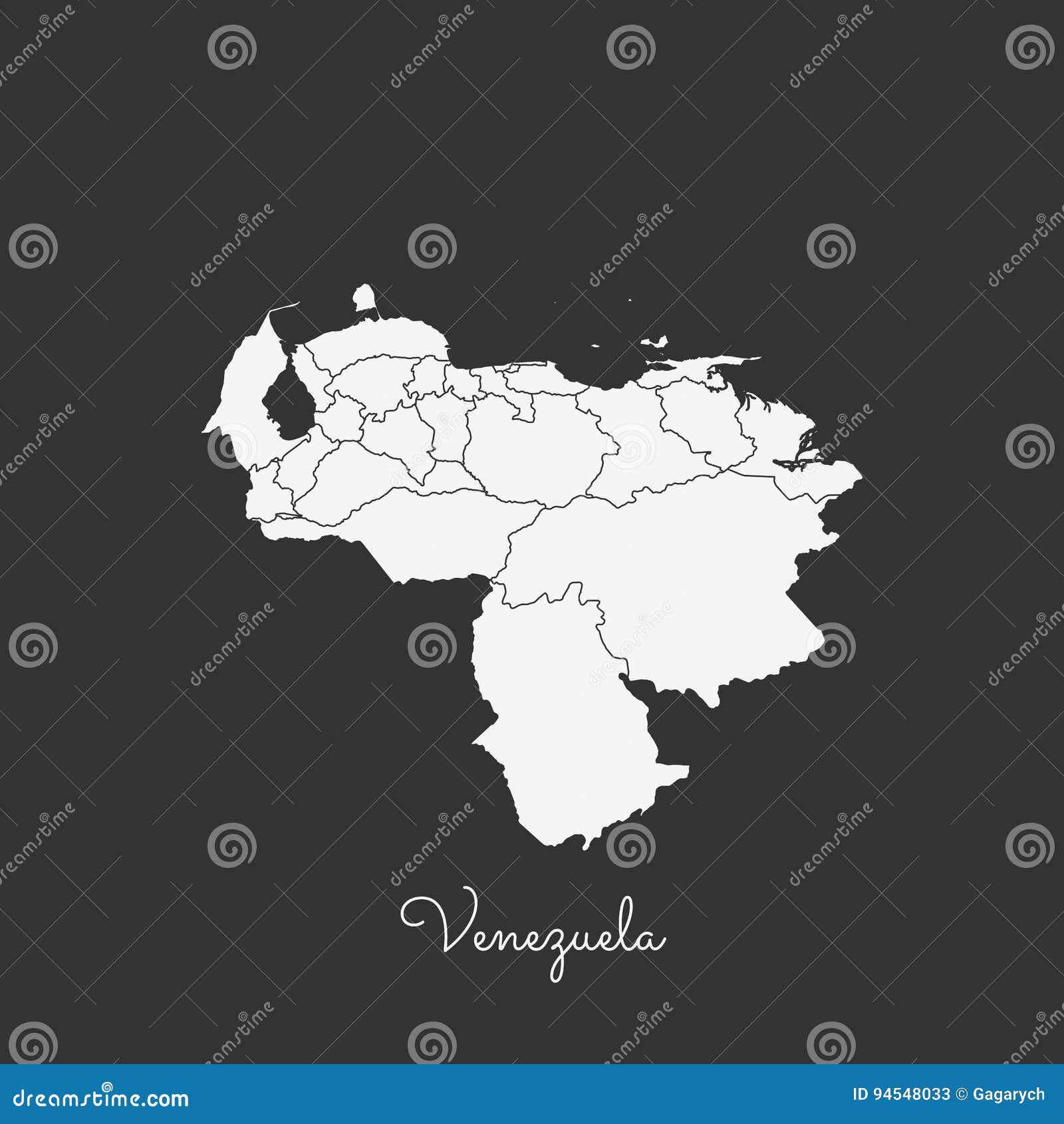 Venezuela Region Map White Outline On Grey Stock Vector