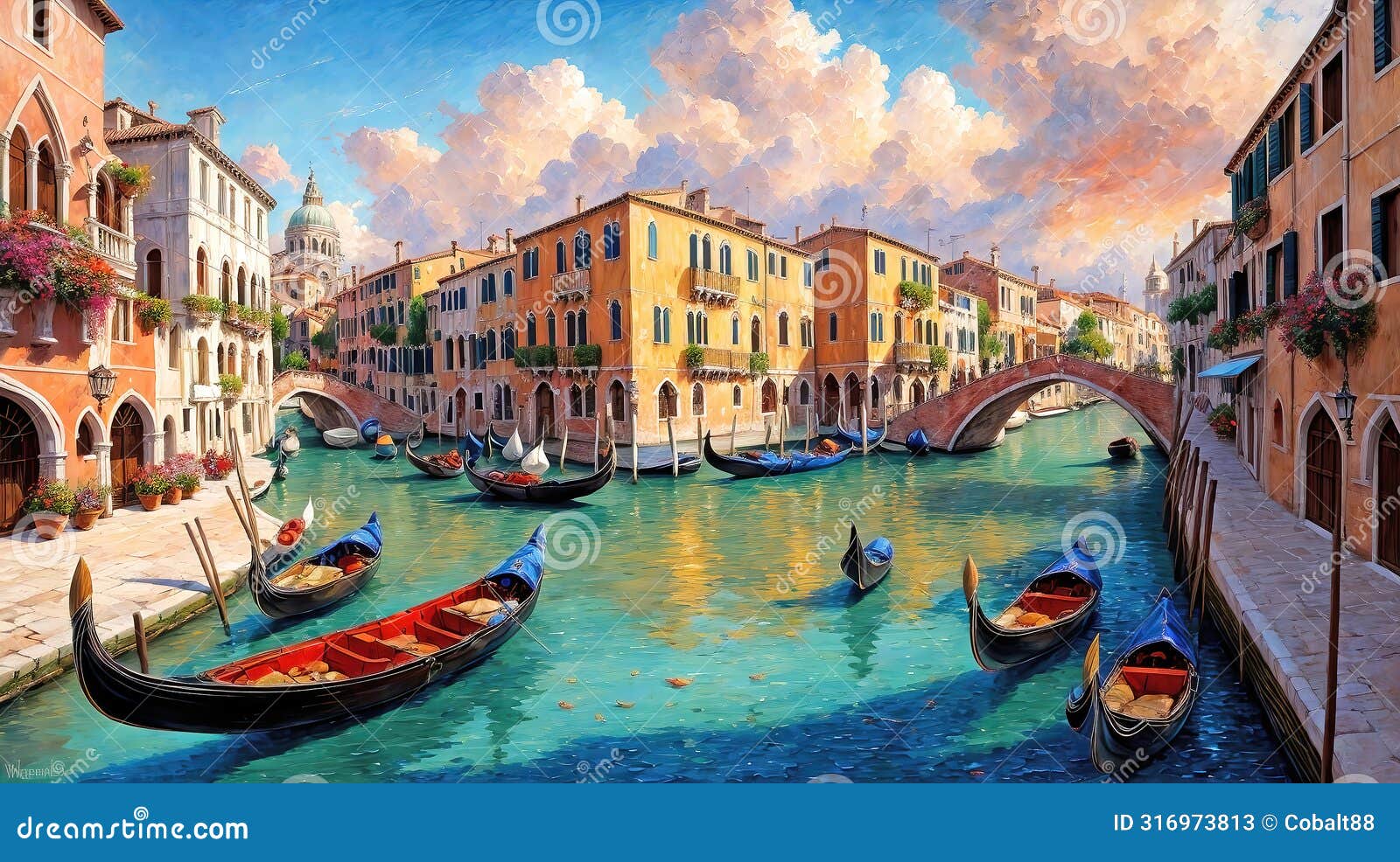 venice canals with gondolas atmospheric landscape , oil painting style 