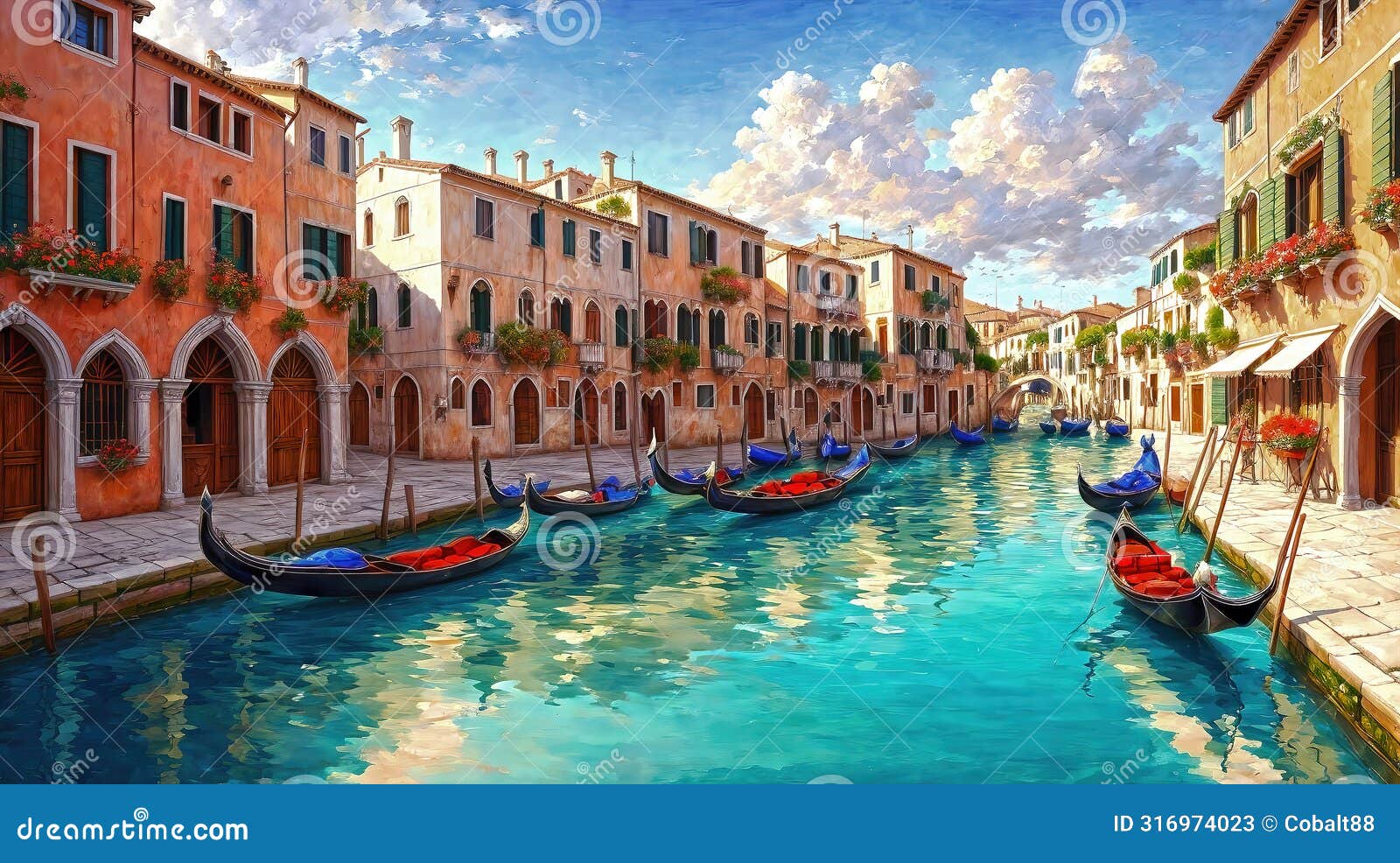 venice canals with gondolas atmospheric landscape , oil painting style 
