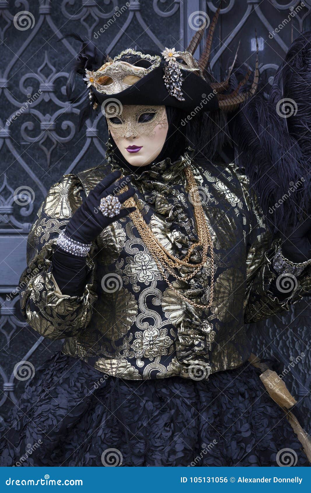 Venice Carnival Figures in Black and Gold Costume and Venice Italy ...