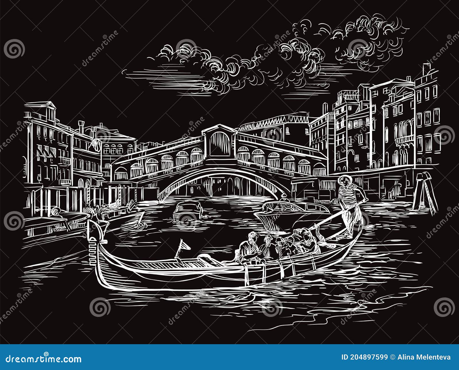 Venice Hand Drawing Vector Illustration Rialto Bridge Black Stock ...