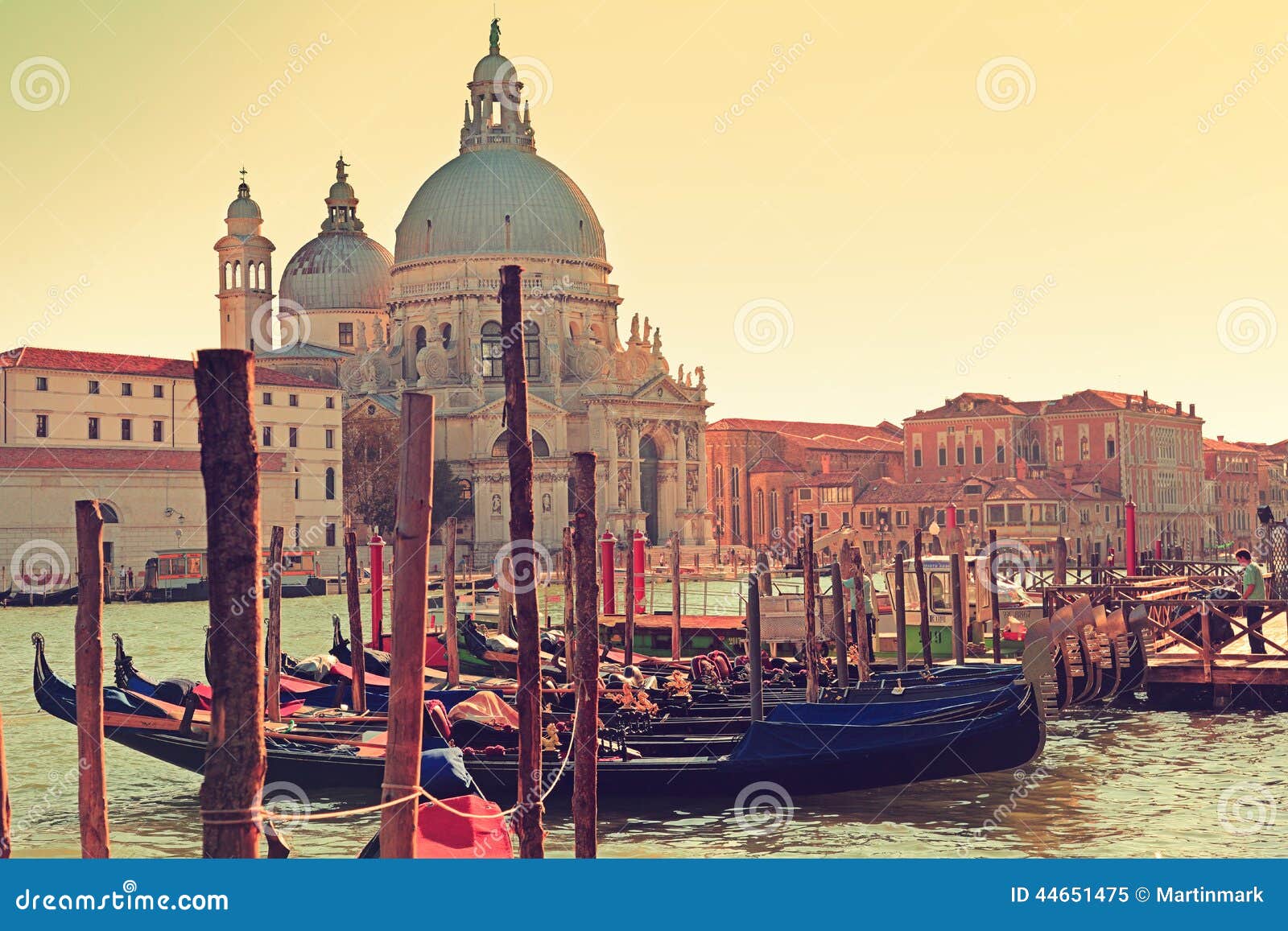 Venice Italy Canal Grande Gondola and Salute. Cathedral church Santa Maria della Salute.