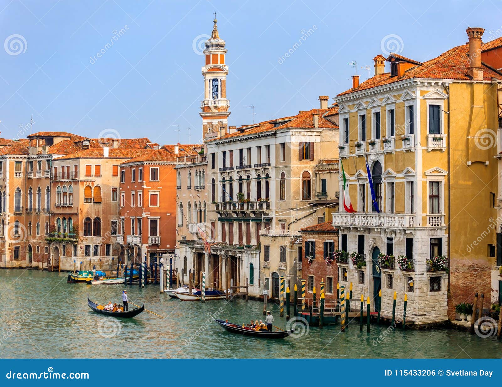 Gondolas Along Buildings On Grand Canal Of Venice Italy Editorial Photo