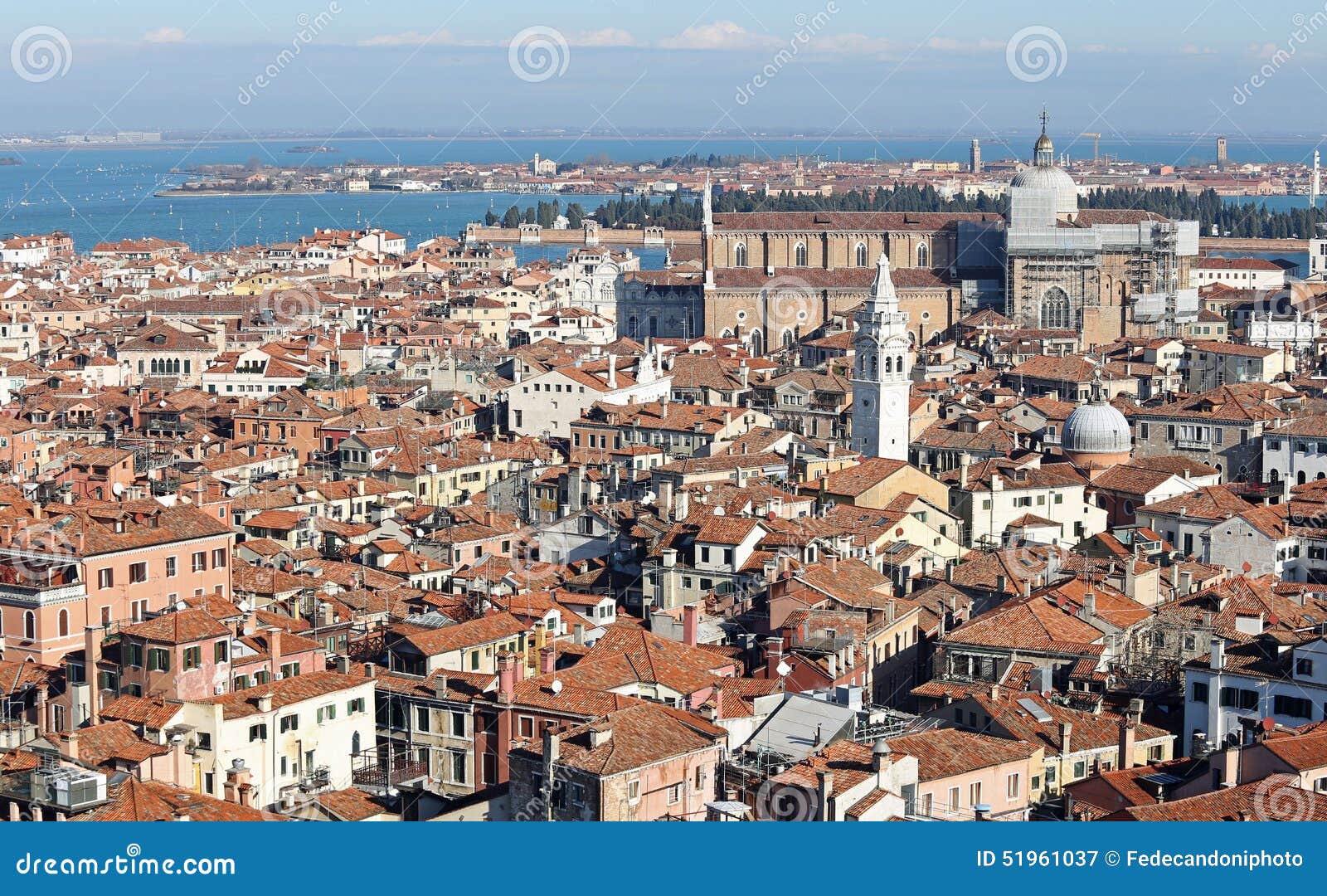 venice, italy, venetian rooftops and the church