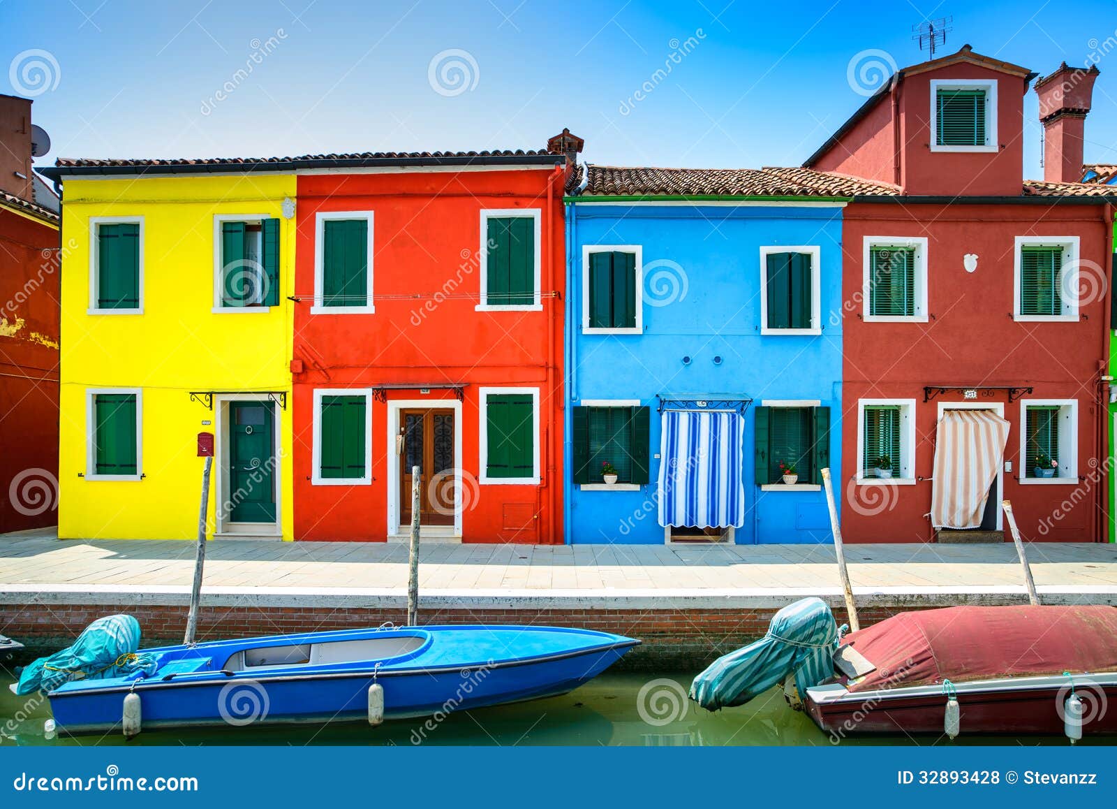 Venice Landmark, Burano Island Canal, Colorful Houses And 