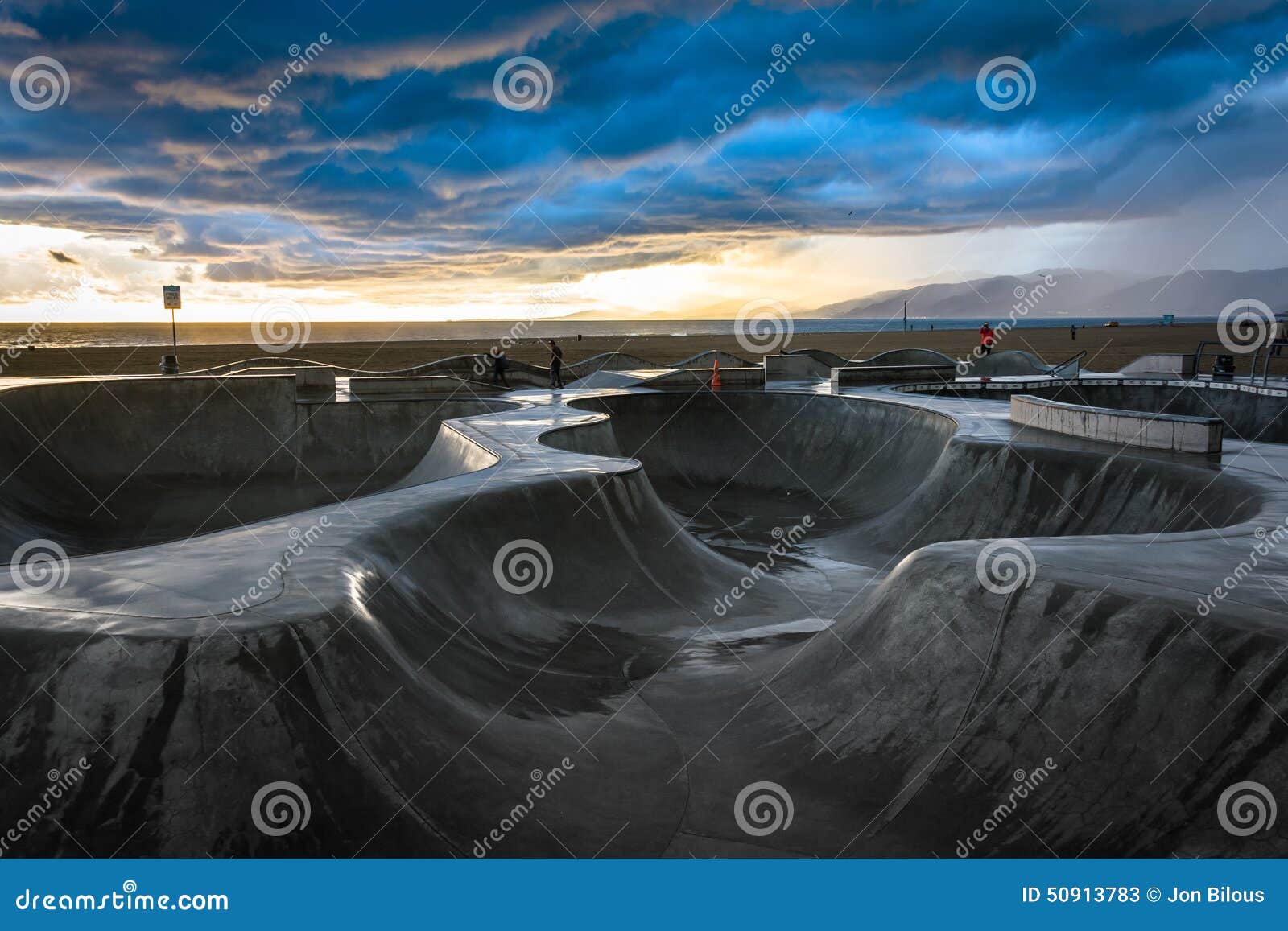 the venice skate park at sunset, in venice beach