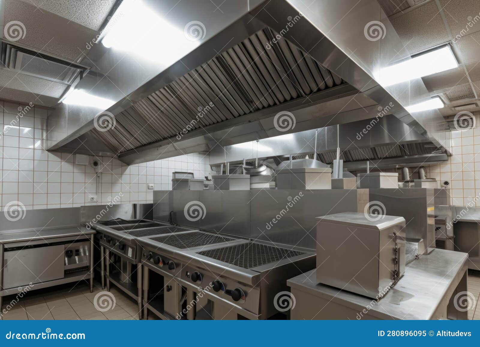 Ventilation System in Kitchen, with Hood and Filters for Cooking Smells