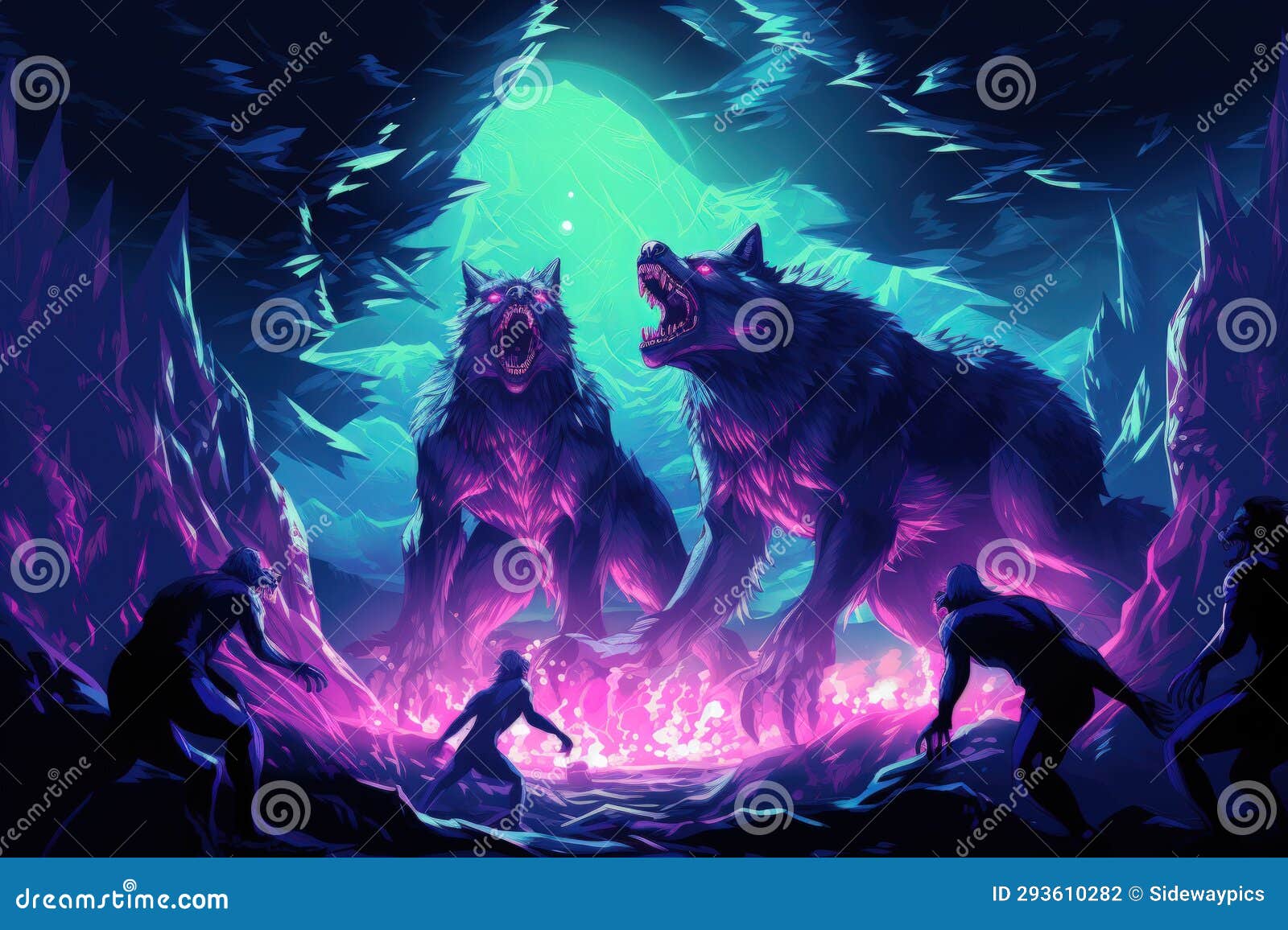 fierce werewolves transforming under the light of the full moon - generative ai