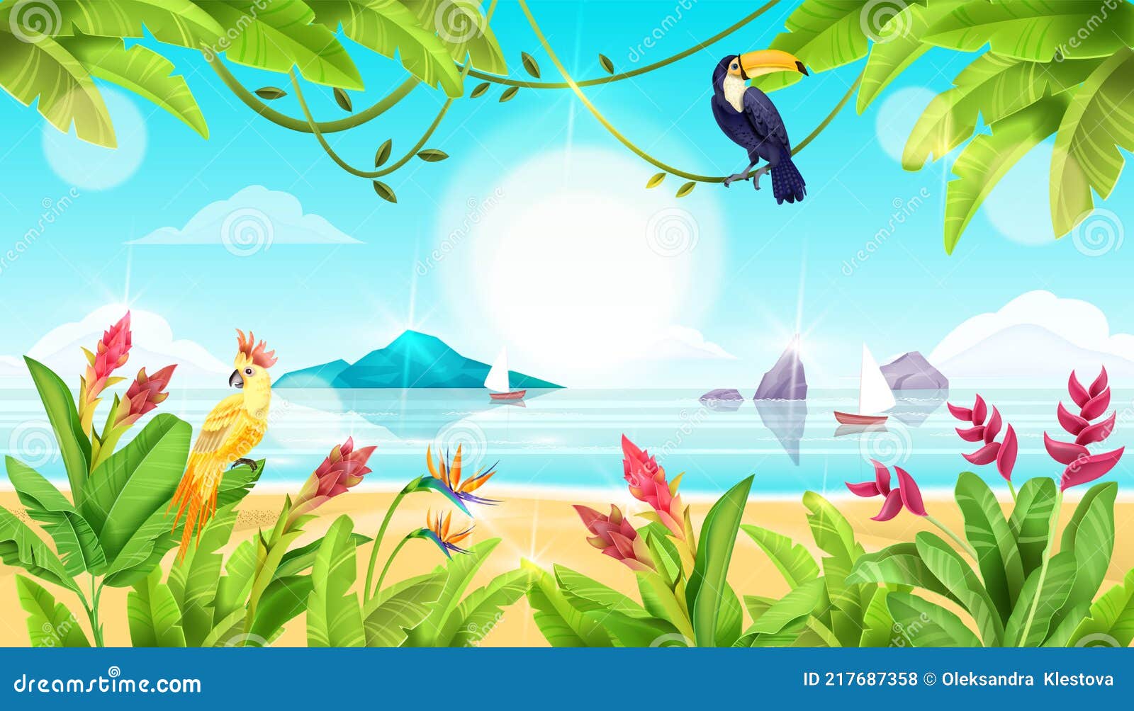 Verano Playa Paisaje Tropical Aves Exóticas Océano Paraíso Flores Tucán Loro Hojas De Plátano. Ilustración del Vector - Ilustración de playa, viaje: 217687358 Verano Playa Paisaje Tropical Aves Exóticas Océano Paraíso Flores Tucán Loro Hojas De Plátano. Ilustración del Vector - Ilustración de playa, viaje: 217687358