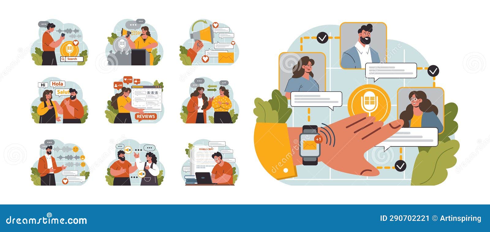 Verbal Communication Set. Public Speaking, Talking through a Digital