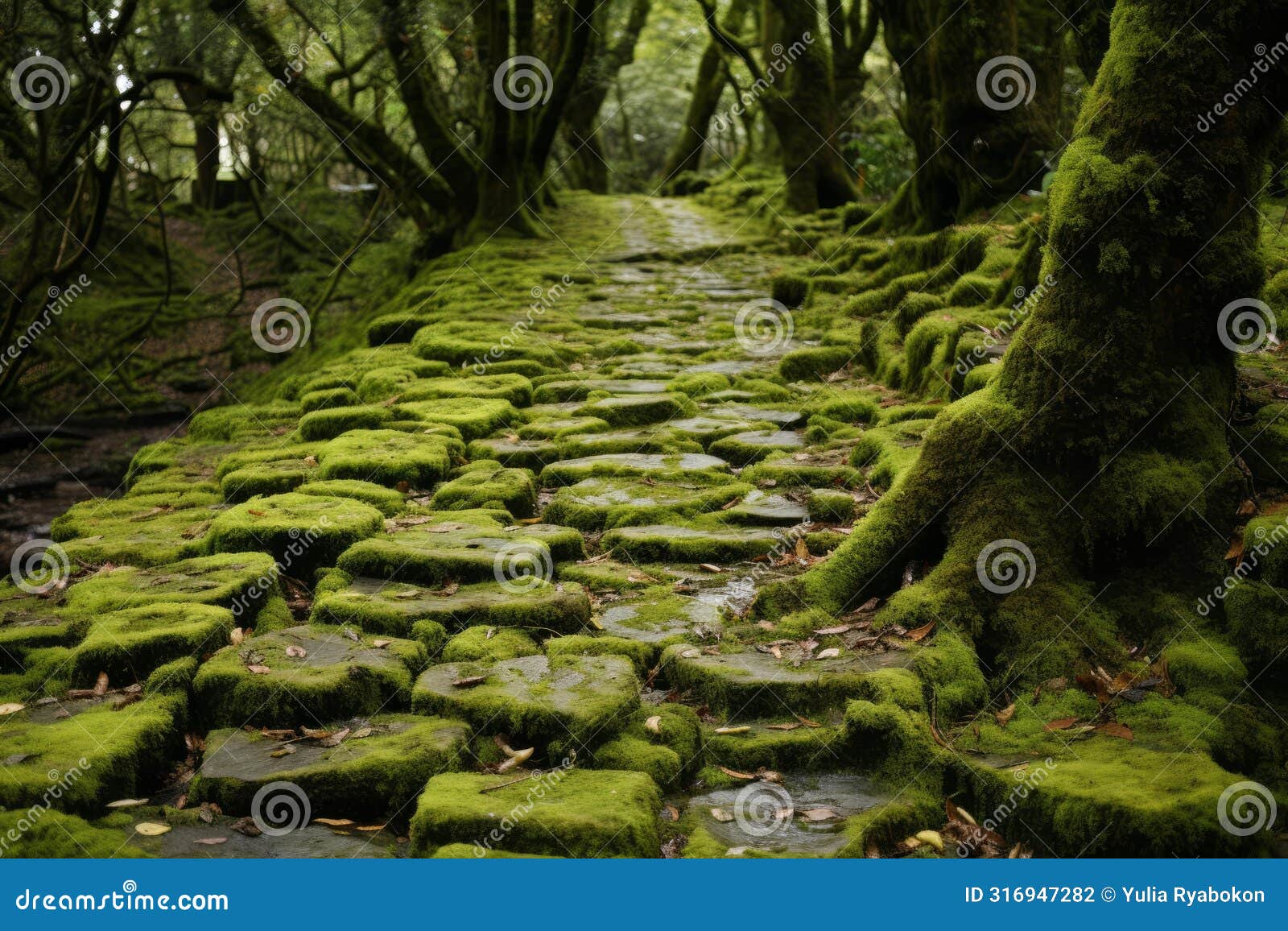 verdant stone road green forest. generate ai