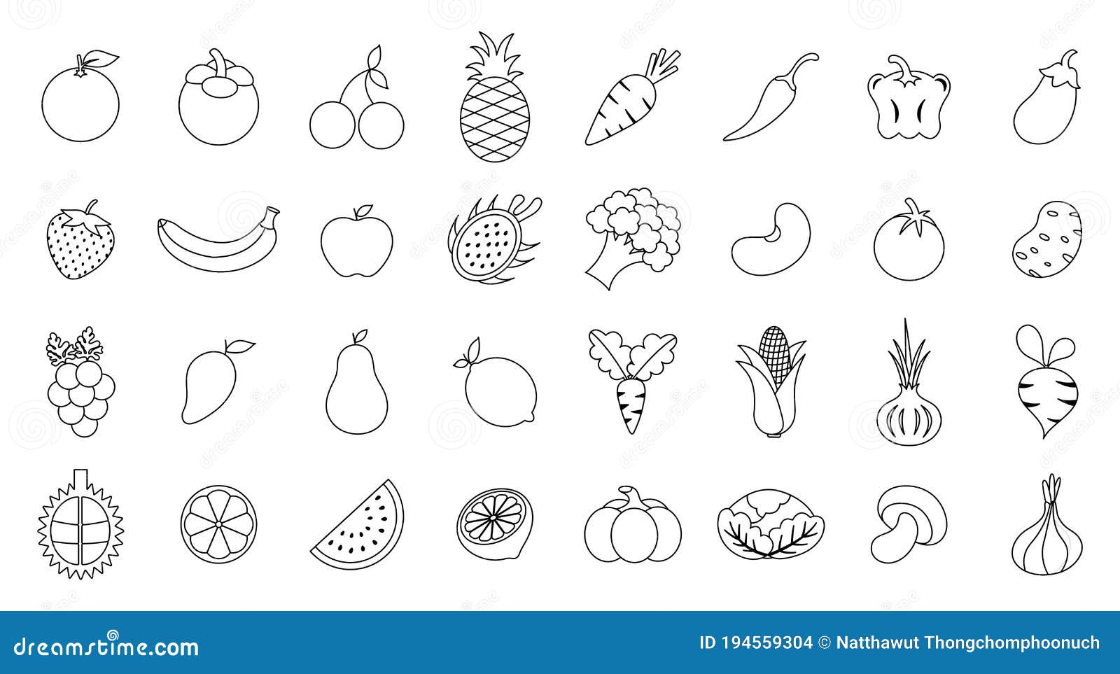 Verduras Y Frutas Colección De Iconos Planos Aislados En Fondo Blanco.  Ilustración del Vector - Ilustración de colorante, icono: 194559304