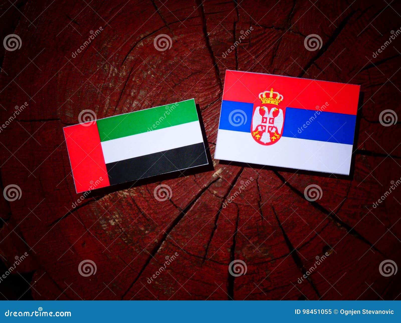 Vereinigte Arabische Emirate Flagge Mit Serbischer Flagge Auf Einem Baumstumpfisolator Stockbild Bild Von Teilhaberschaft Arabien 98451055