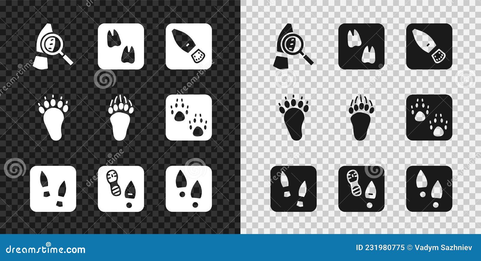 Vergrootglas Met Voetsporen Met Voetsporen En Voetafdruk Van De Kamelenpoot, Met Voetsporen En Een Pictogram. Vector Vector Illustratie - Illustration Of Silhouet, Menselijk: 231980775