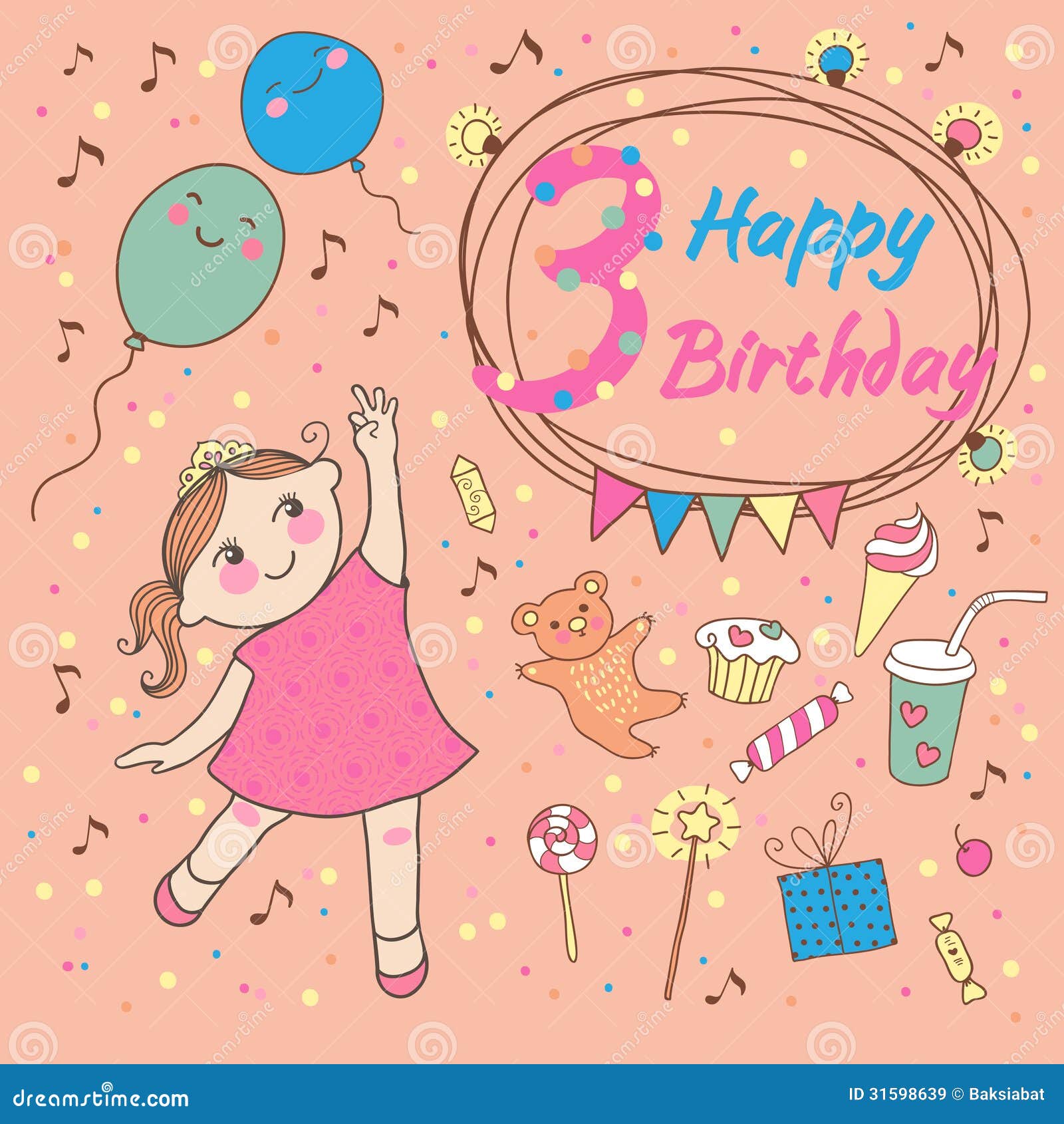 Verjaardag Van Het Meisje 3 Jaar. Groetkaart Of Uitnodiging Vector Illustratie - Illustration Of Kaart, Verjaardag: 31598639