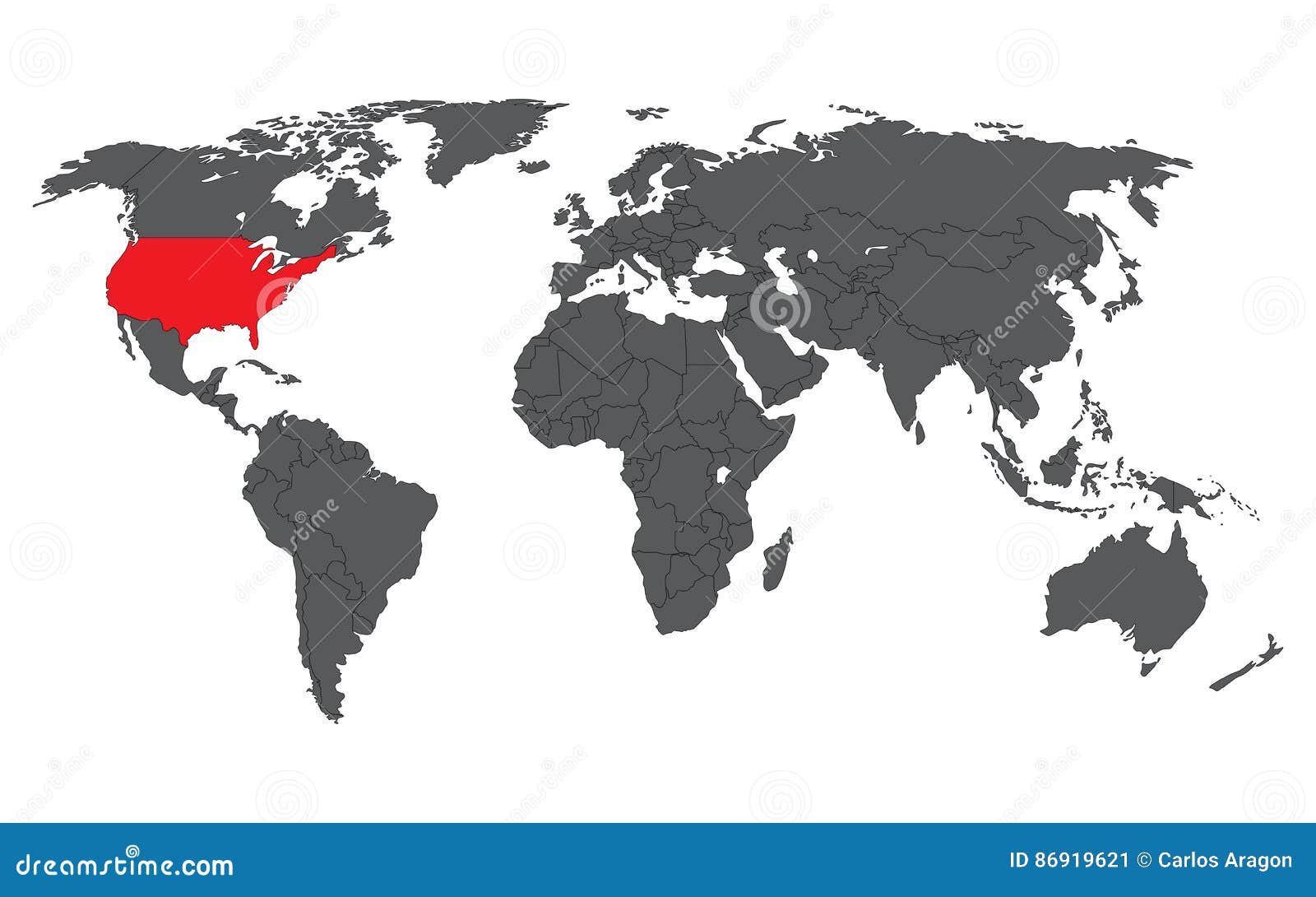 Vermelho Do Estados Unidos Da América No Mapa Do Mundo Cinzento