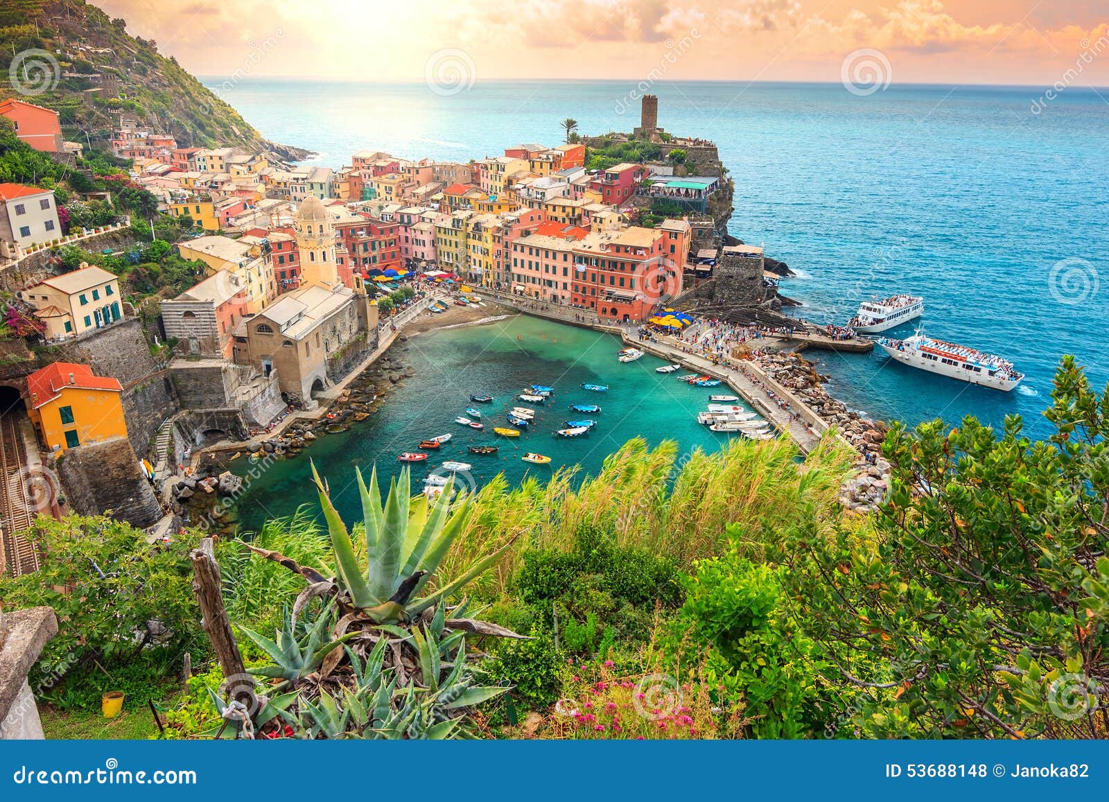 vernazza village and stunning sunrise,cinque terre,italy,europe