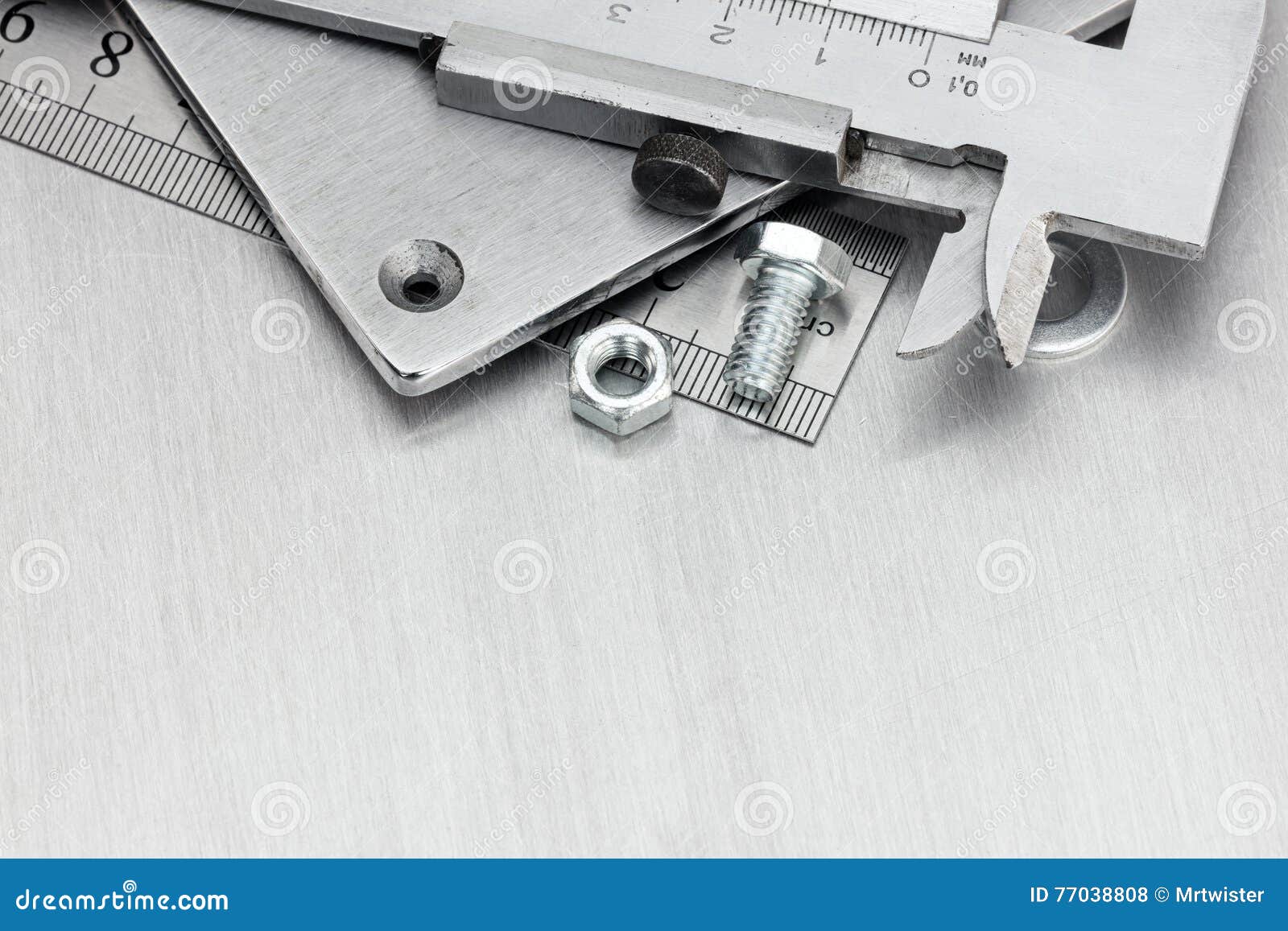 Vernier Caliper, Screws and Bolt on Scratched Metal Background Stock