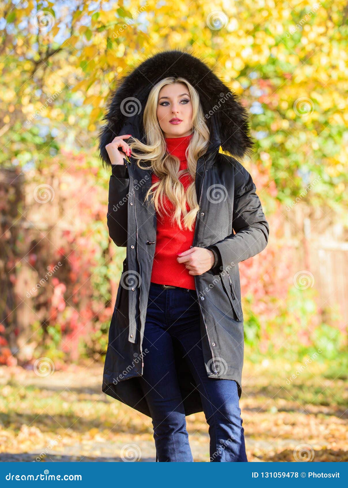 Versatile Functional and Stylish. Girl Wear Parka while Walk Park ...