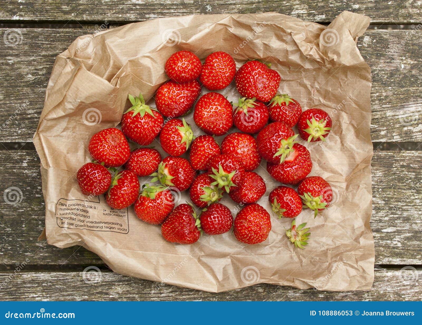 Verse aardbeien op een document zak. De verse aardbeien op een brow recycleerden document zak die op een tuinlijst op een de zomer` s dag is