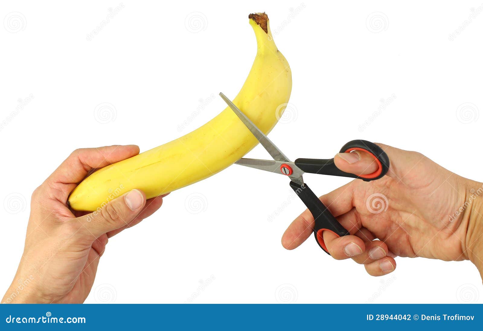 Versuchen Sie, Banane Durch Scheren Zu Schneiden Stockfoto Bild von
