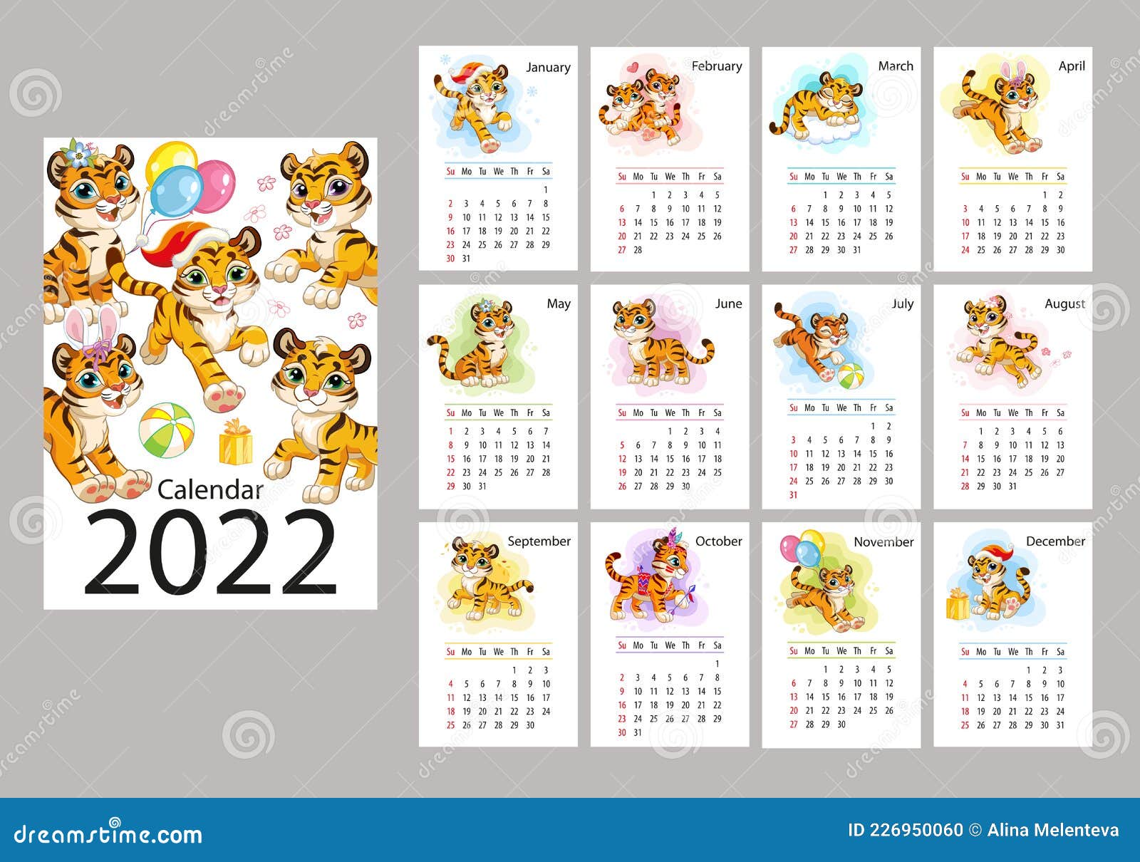 Free 2022 Cartoon Calendar 2022 Vertical Calendar Design With Cute Cartoon Tigers Vector Stock Vector  - Illustration Of Printable, Design: 226950060