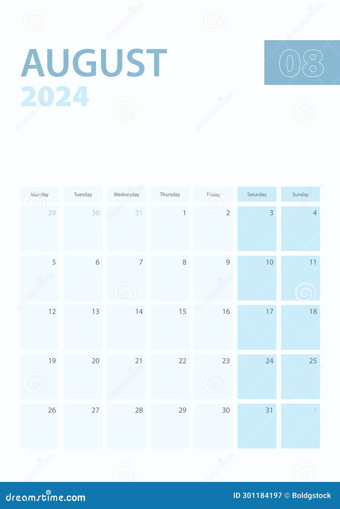 Vertical Calendar Page of August 2024, Week Starts from Monday Stock