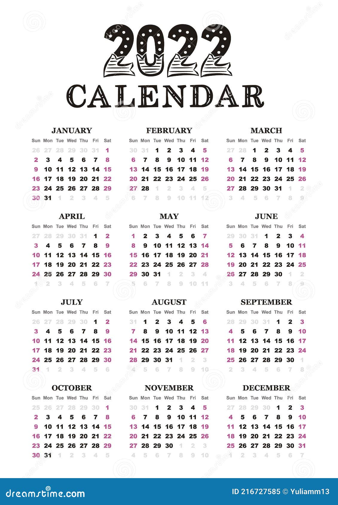 Vertical Calendar Template For 2022 Year. 12 Months Yearly Stock Vector - Illustration Of Page, Print: 216727585