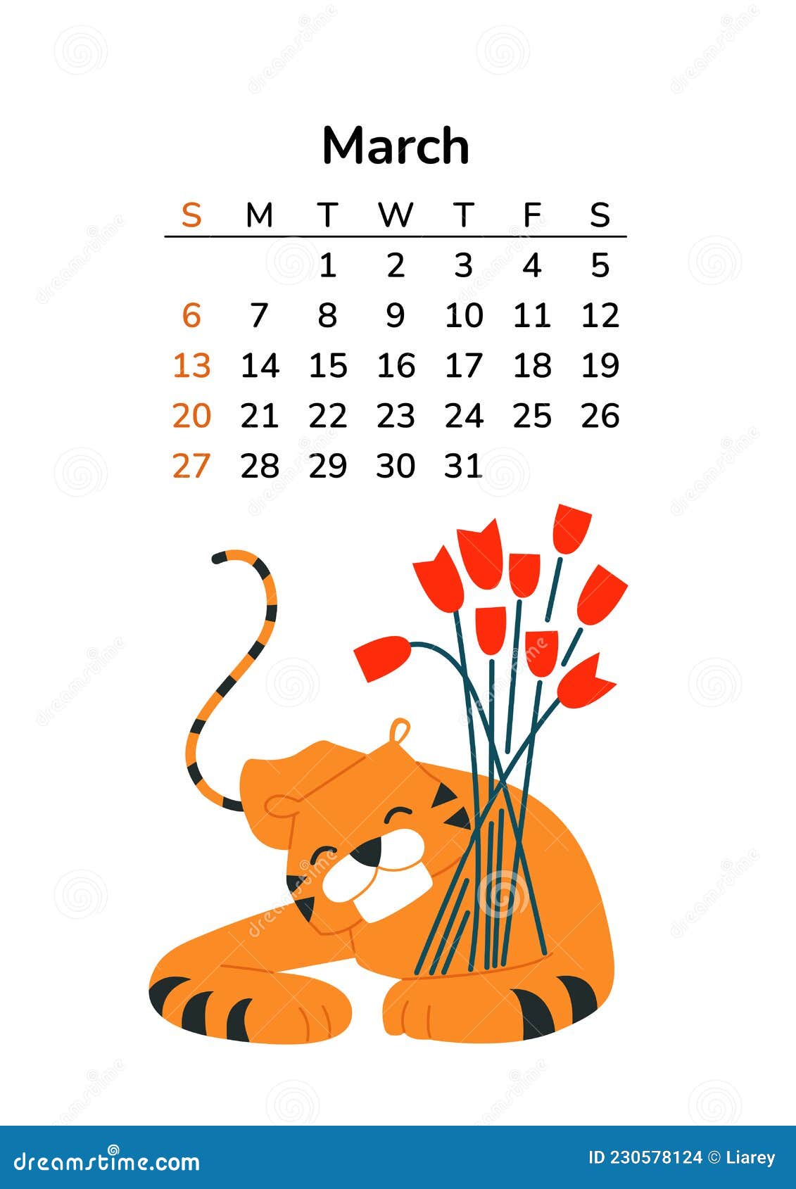 Vertical Calendar 2022 With Tigers. March Page. A4 Format Pages. Tiger In Cartoon Style. Chinese Horoscope. Vector Stock Vector - Illustration Of Vector, March: 230578124