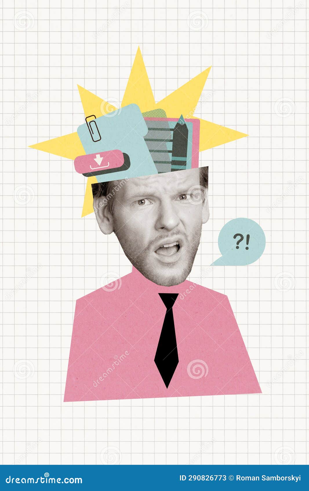 Vertical Collage of Minded Black White Effect Guy Exclamation Question