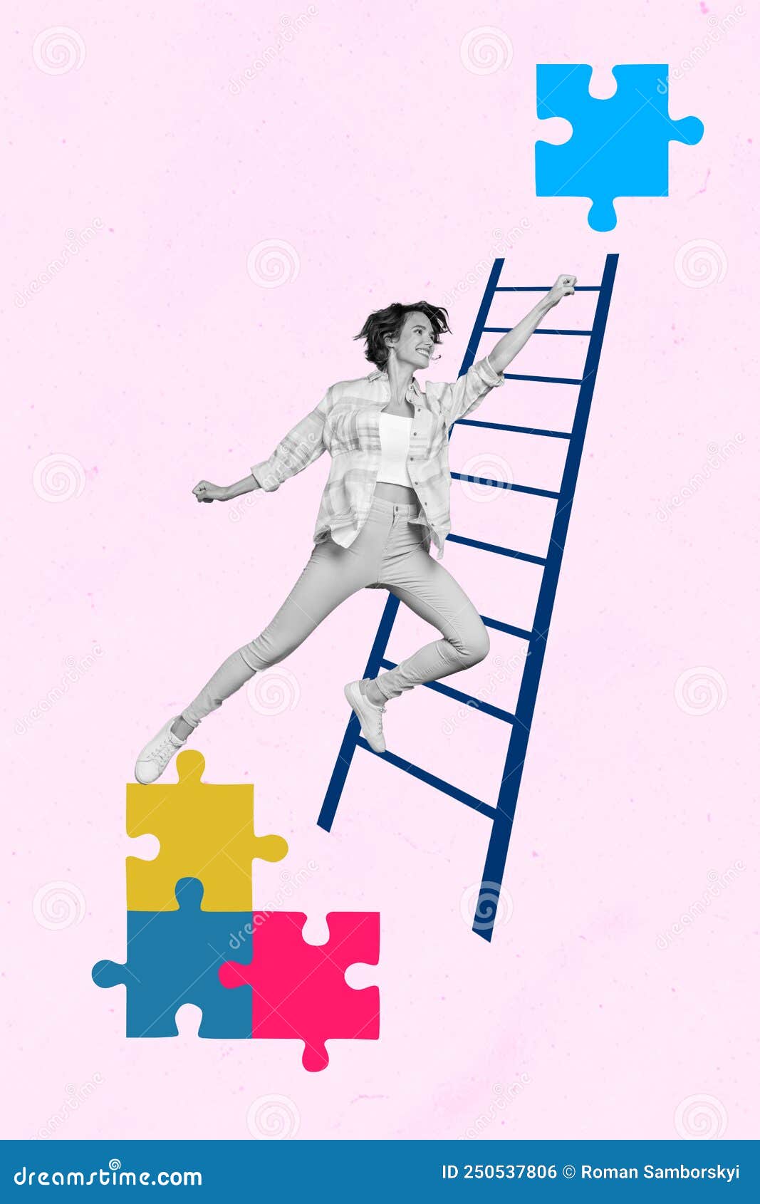 logboek Verder katoen Vertical Creative Collage Image of Excited Positive Person Black White Gamma  Climb Ladder Reach Puzzle Piece Isolated on Stock Photo - Image of funny,  creative: 250537806