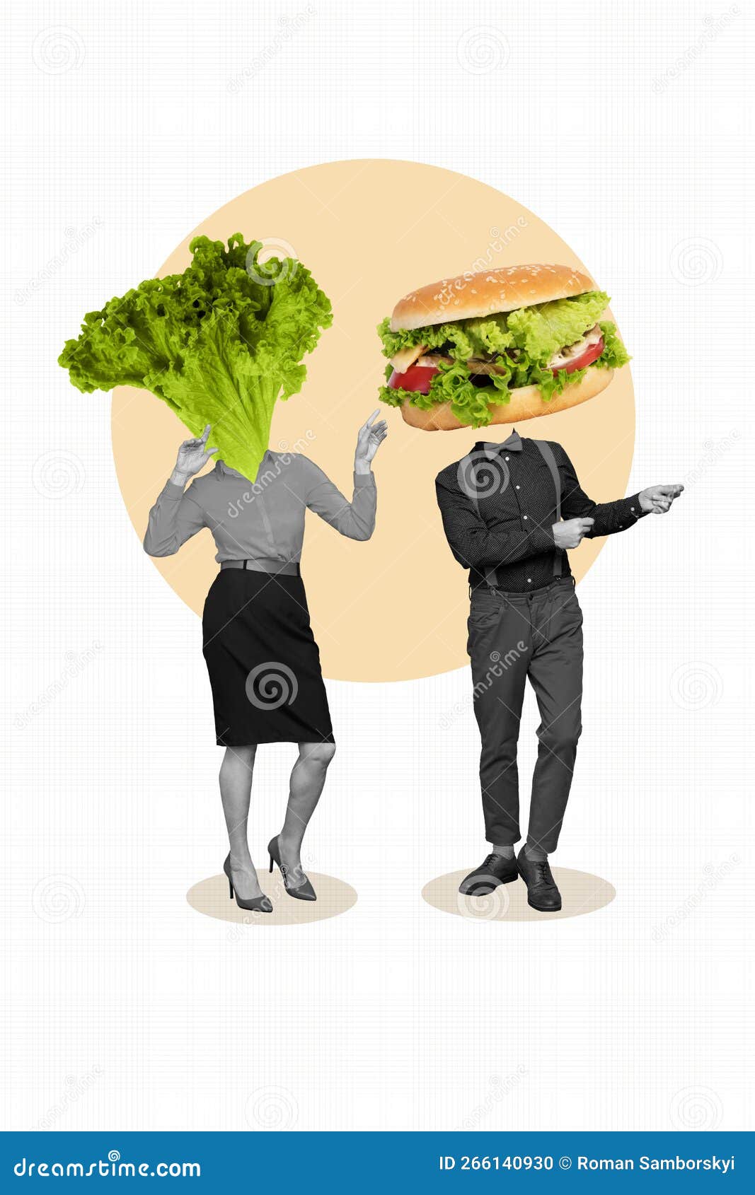 Vertical Creative Photo Collage of Headless Girl Guy Food Burger Salad ...