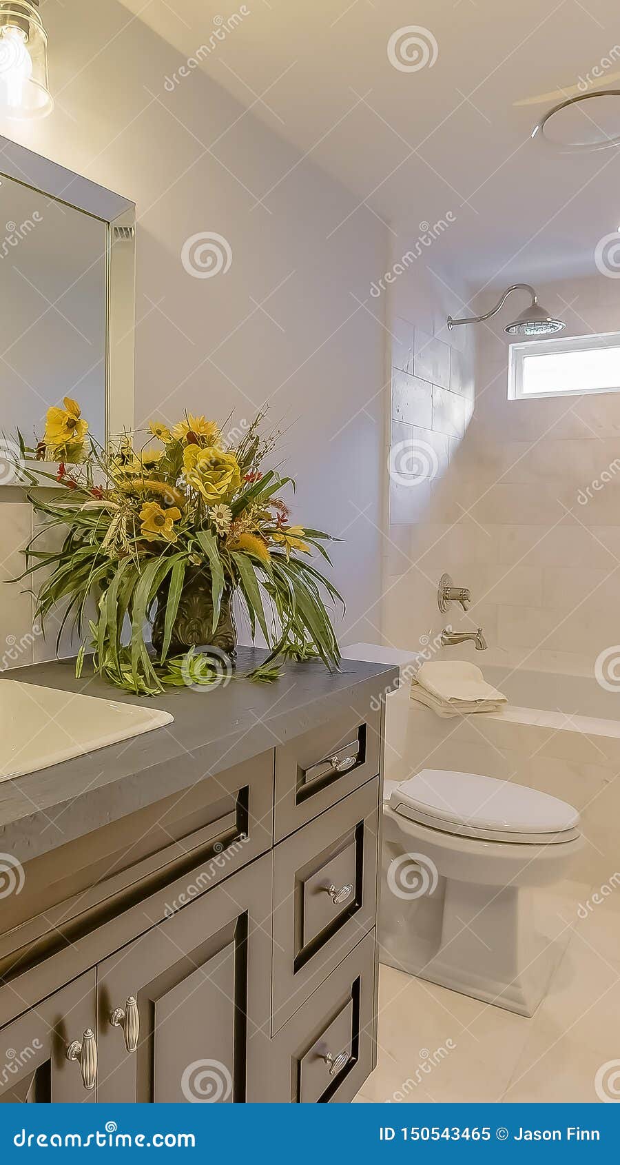 Vertical Frame Bathroom Interior with View of Built in Bathtub Toilet ...