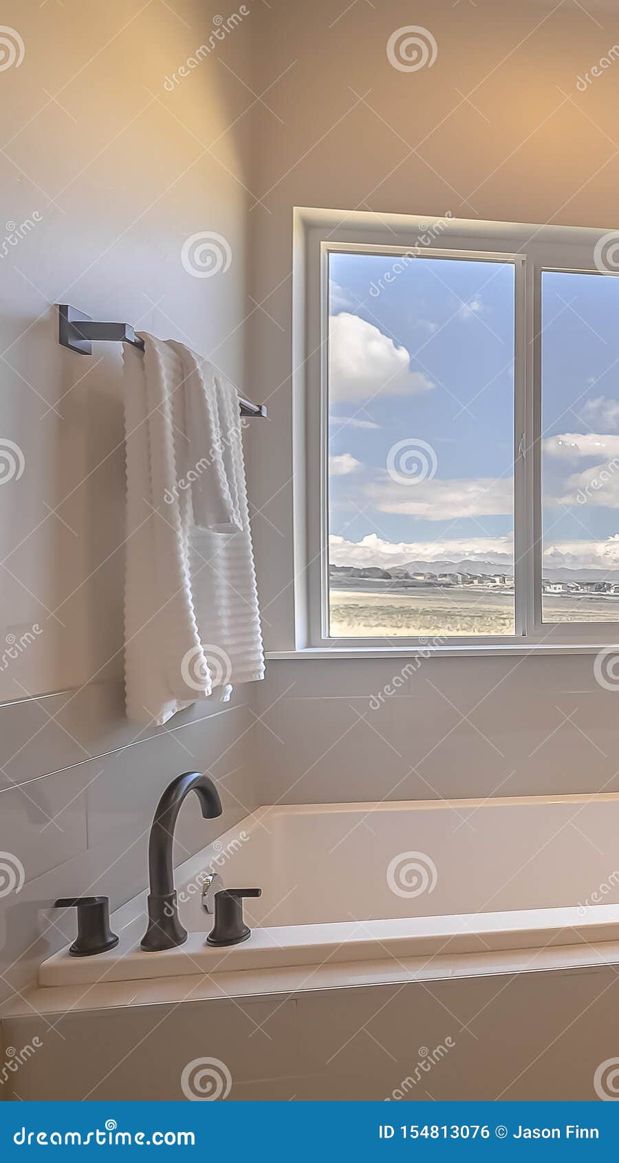 Vertical Frame Built In Square Bathtub Inside A Bathroom With White Wall And Sliding Window Stock Photo Image Of Floor Wall 154813076